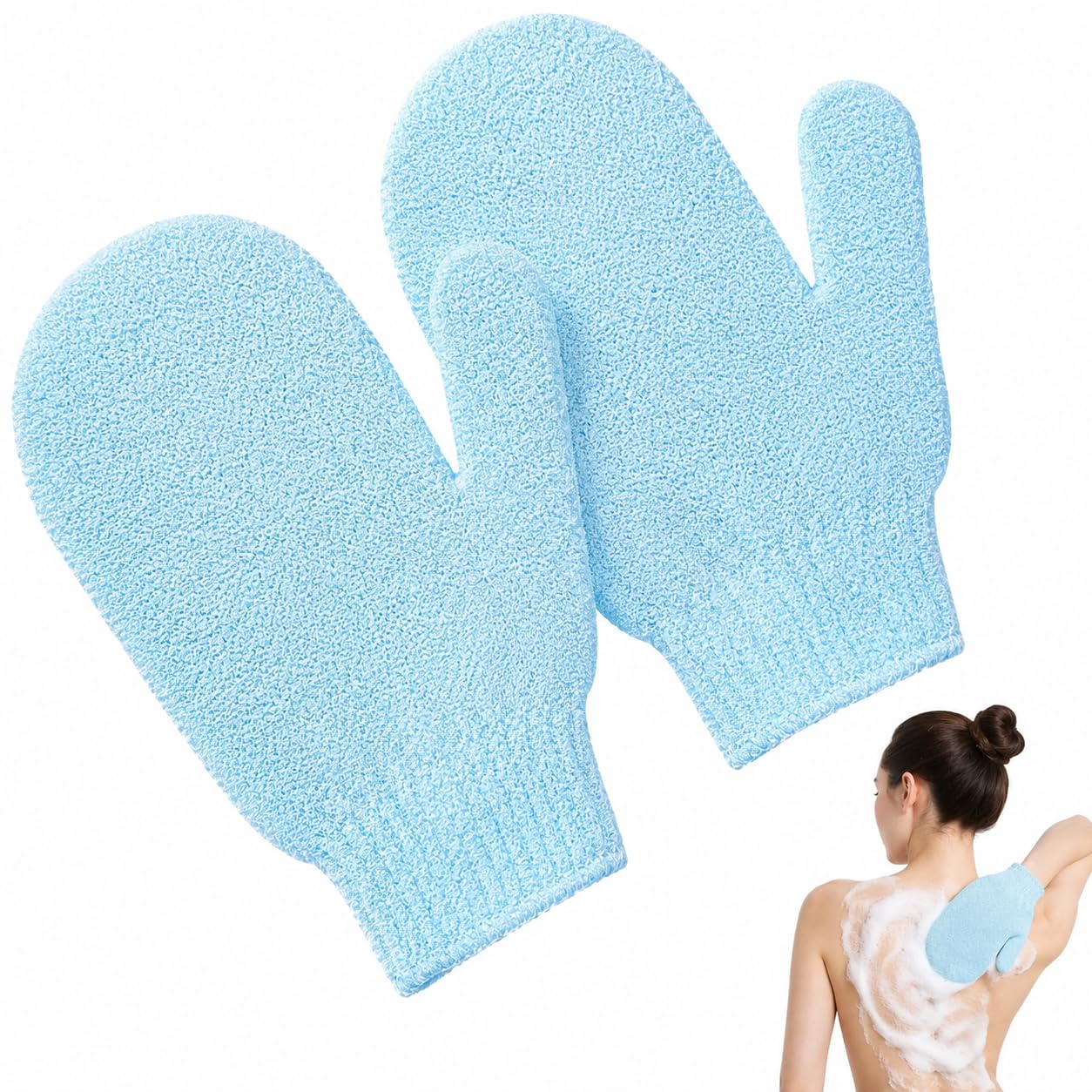 2 Pack Exfoliating Shower Gloves, Bamboo Body Exfoliator Mitts, Deep Cleansing Body Scrub Gloves for Dead Skin, Ingrown Hair, Spa Massage, Blue