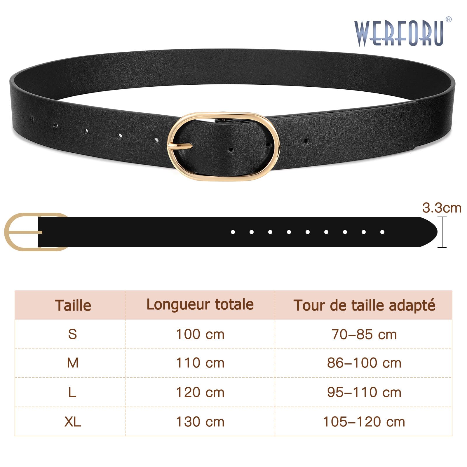 WERFORU Lot de 3 Ceintures en Cuir pour Femmes Ceinture Femme à la Mode avec Boucle Dorée pour Jeans, Pantalons et Robe,Noir/Marron/Café