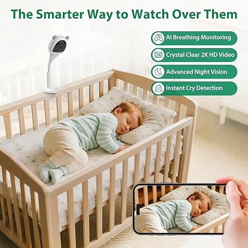 Miniatura 5 de 2K Baby Monitor with Camera and Audio Wireless, No WiFi Needed for Crib Mount, Night Vision Smart Camera, Cry Detection Two-Way Talk, No Monthly Fee