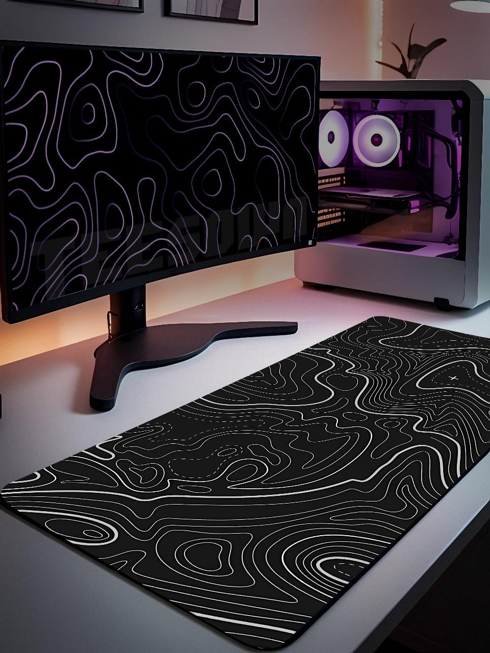 TEESOWN XL Black Topographical Extended Mousepad (31x12) inches for Laptop Desktop PC and Gaming Desk Mat Rubber Base Desk Pad