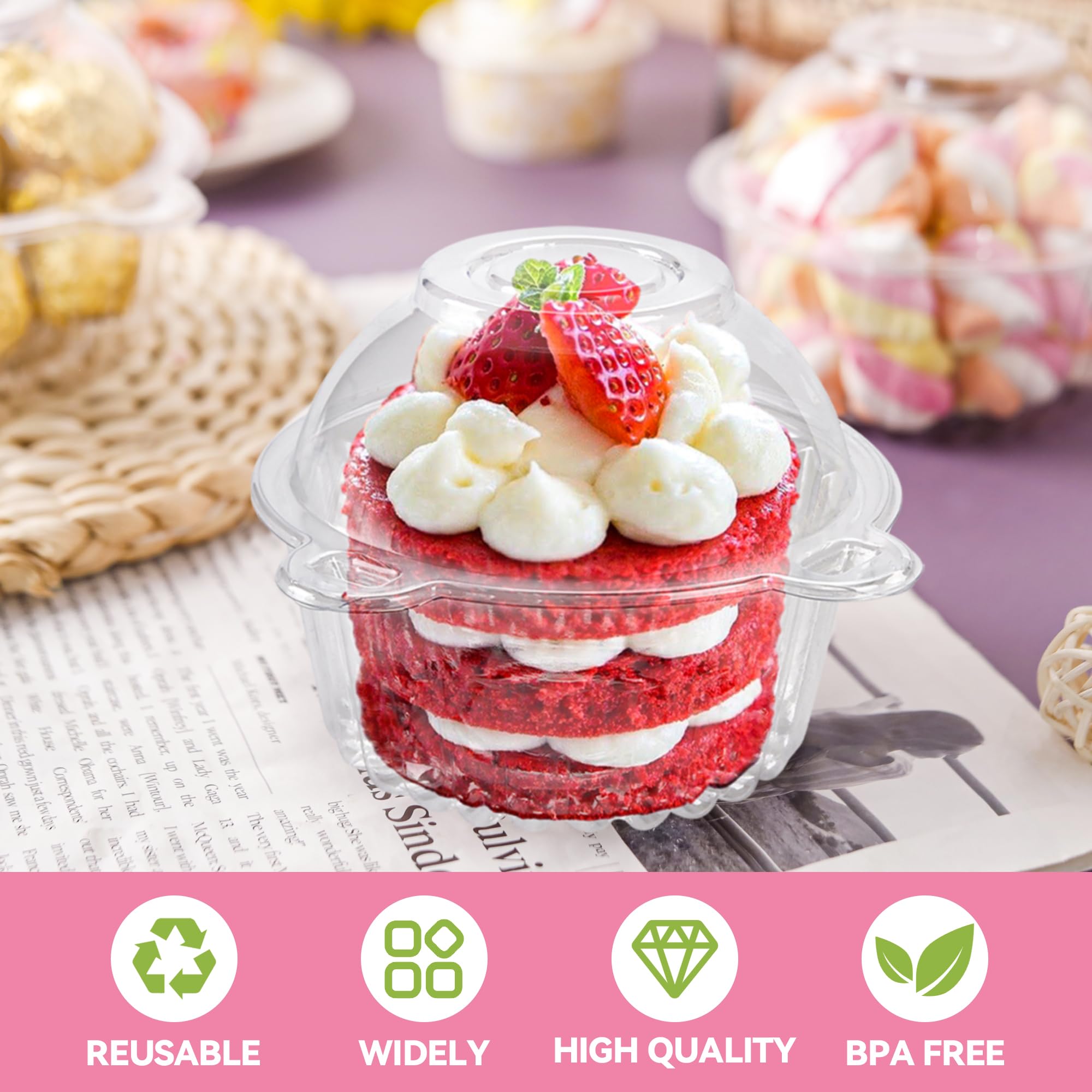 Paquete de 50 recipientes individuales para cupcakes, soportes de plástico para magdalenas, recipientes para muffins de cúpula profunda 4