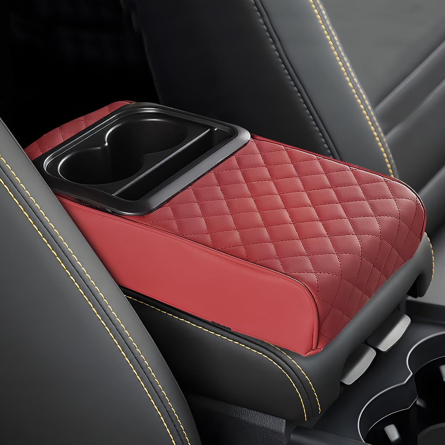 Car Center Console Armrest Pillow, 13.19"×7.87" Leather Car Arm Rest Cover, Memory Foam Auto Armrest Cushion with Cup Holder Phone Slot, Universal Vehicle Middle Console Cushion Pad (Black)