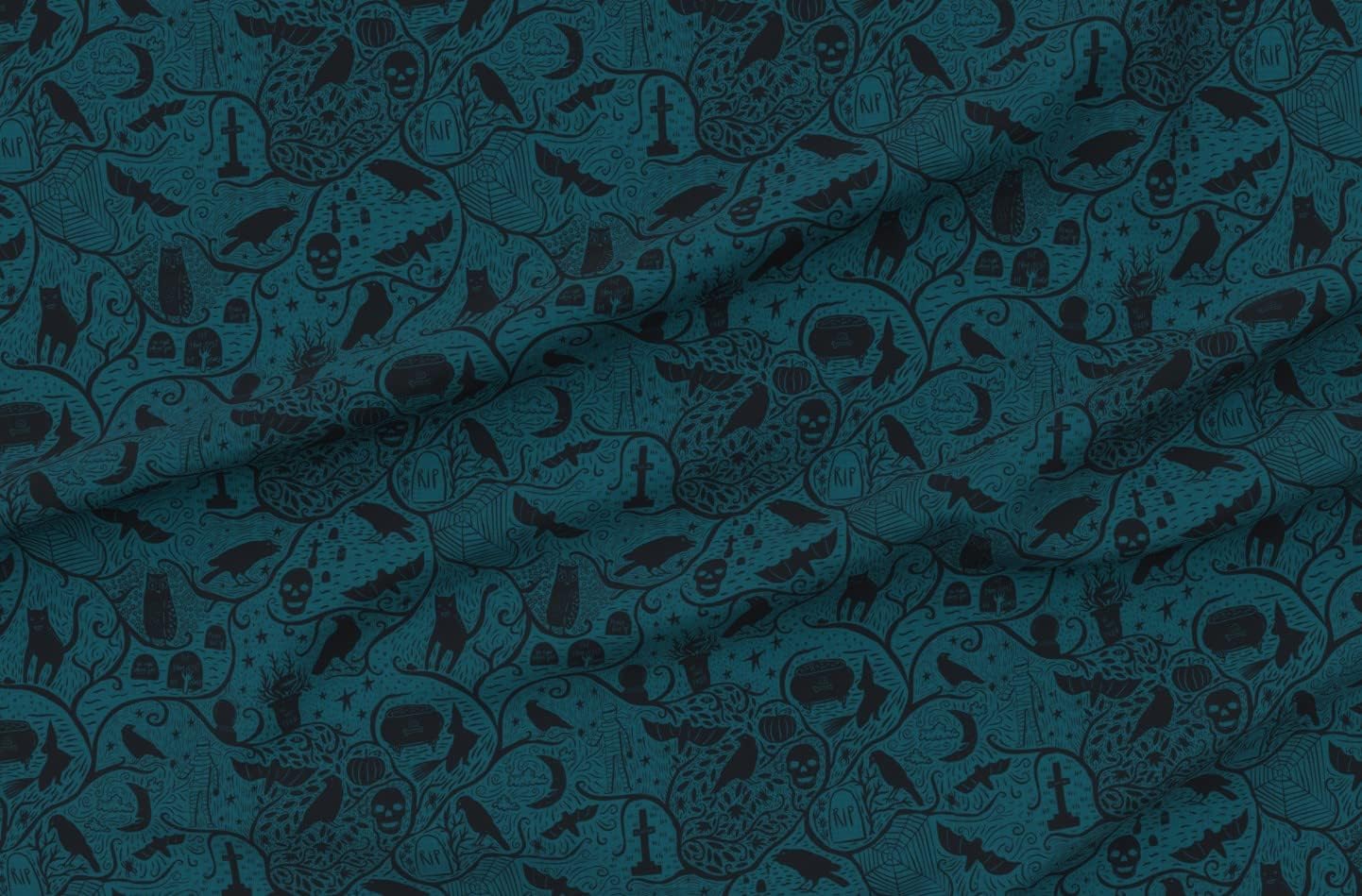 Spoonflower Fabric - Mystical Night Teal Black Skull Halloween Moon Witches Pumpkins Printed on Petal Signature Cotton Fabric Fat Quarter - Sewing Quilting Apparel Crafts Decor