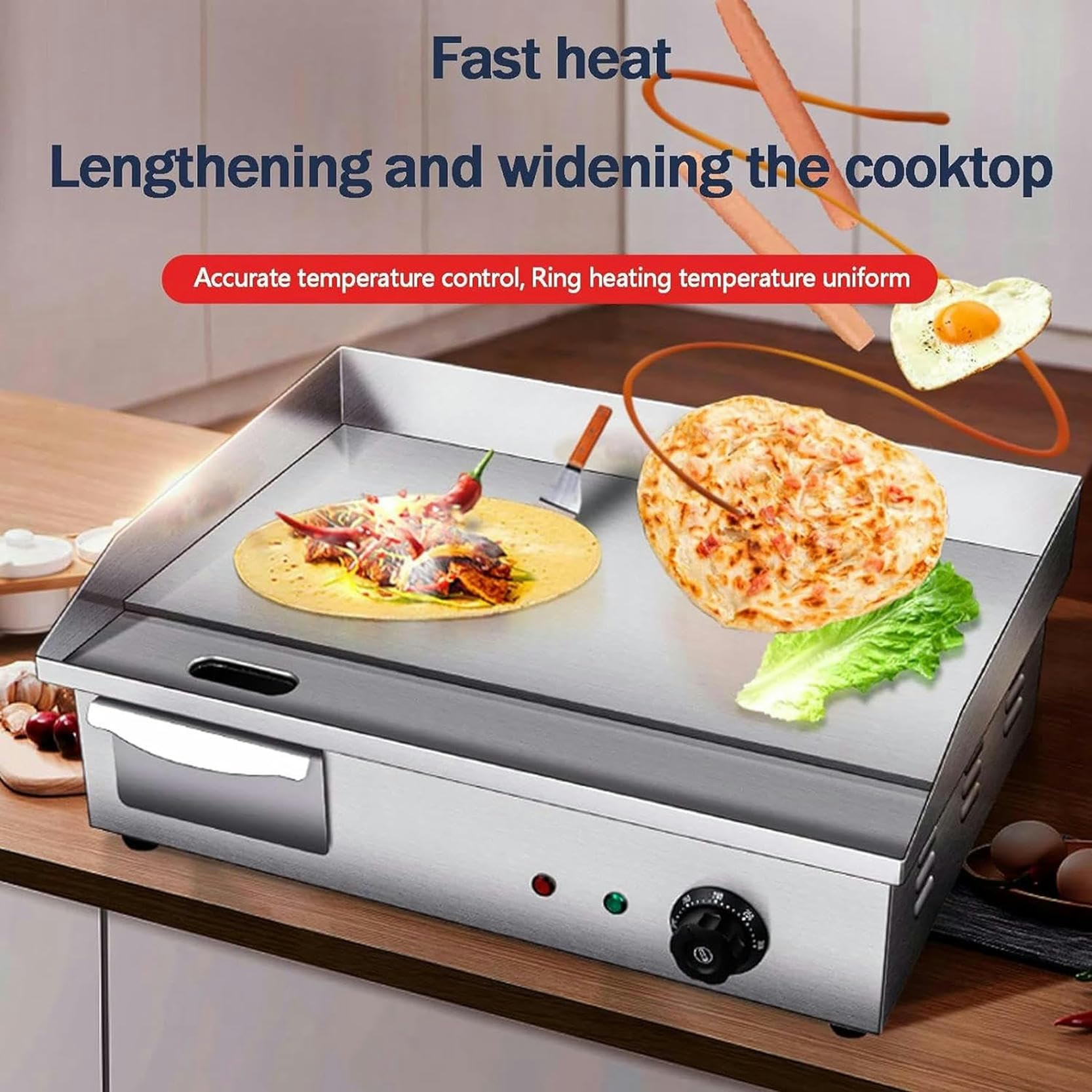 Piastra Elettrica in Acciaio Inox Antipasto Professionale Piastra di Cottura Elettrica Griglia con Vassoio Antispruzzo da 50 ℃ a 300 ℃ Piastra per la Raccolta del Grasso per la Casa e esterno-1pc