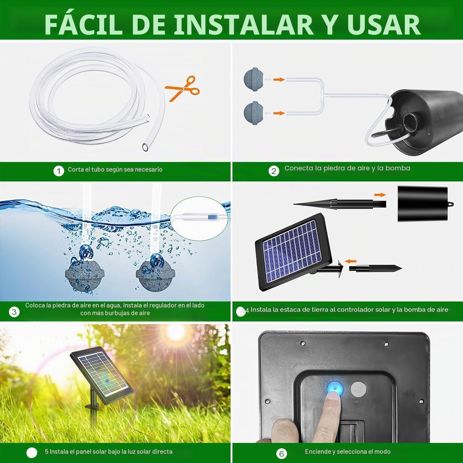 Aireador Solar para Estanques Con Bomba de Aire, 3 Modos (18H/36H/72H), 4 W y 2200 mAh, Regulador de Burbujas para Uso Al Aire Libre