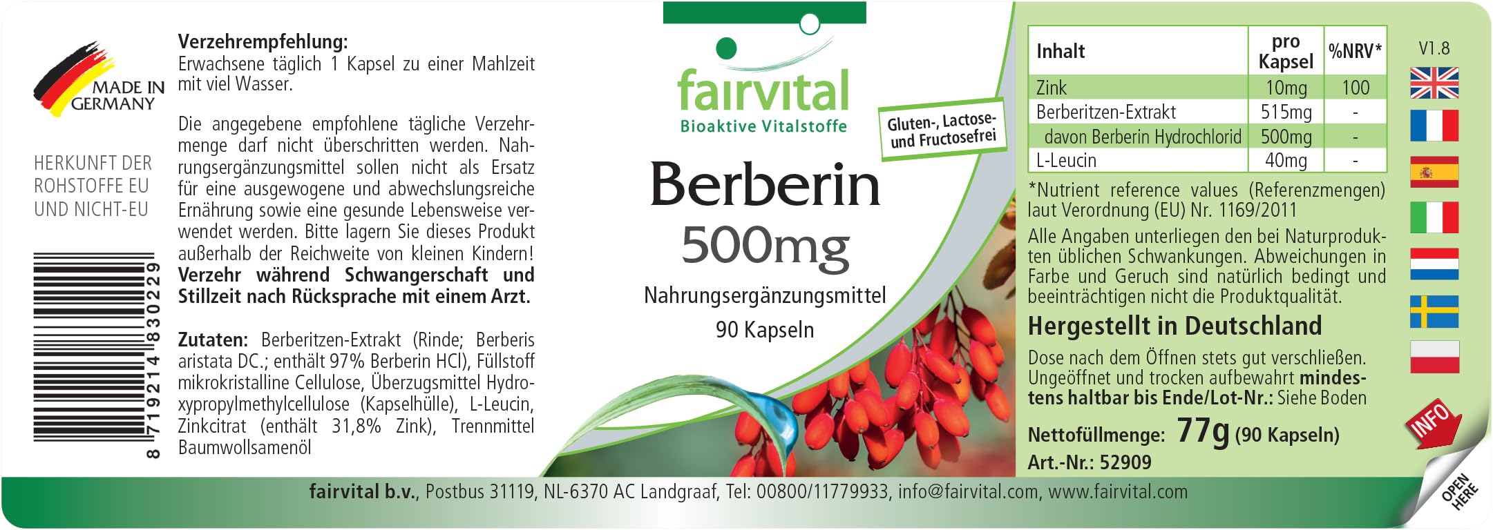 fairvital Berberin 500mg, HOCHDOSIERT, Berberin HCl + Zink, Berberis aristata, VEGAN, 90 Kapseln