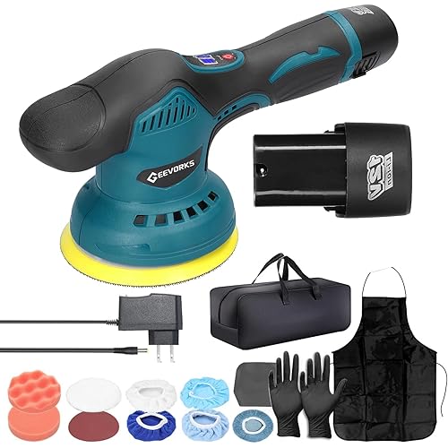 Cordless Car Buffer Polisher, Geevorks Rotary Buffer Polisher Waxer with 2PCS 2.0Ah Battery, 8 Variable Speed 2800-5500RPM