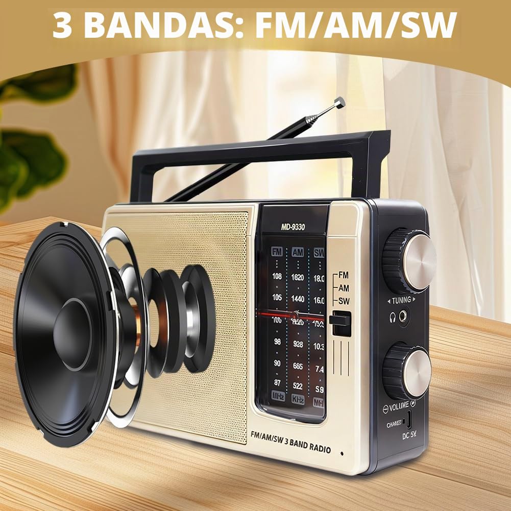 Radio FM AM portátil, Radio alimentado por batería y corriente AC, Radio de maletín para personas mayores, Radio de onda media, Radio pequeño con altavoz, Radio sencillo para personas mayores, Radio