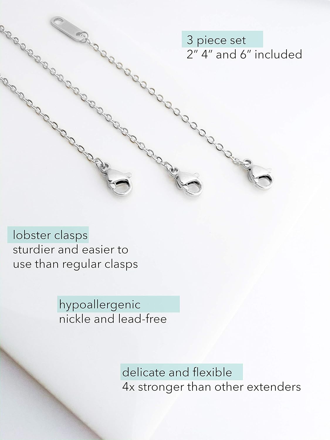 Altitude Boutique 18k Gold Plated Necklace Extenders Delicate Necklace Extender Chain Set for Women 3 Piece Set, Extensions 2", 4", 6" Inches Hypoallergenic in Gold, Rose Gold, or Silver