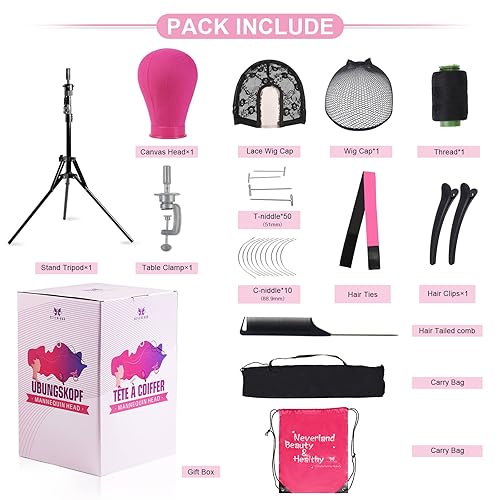Miniatura 3 de Neverland Beauty & Health Trípode para peluca con cabeza, soporte de cabeza de peluca roja de 23 pulgadas con cabeza de maniquí, cabeza de lona para