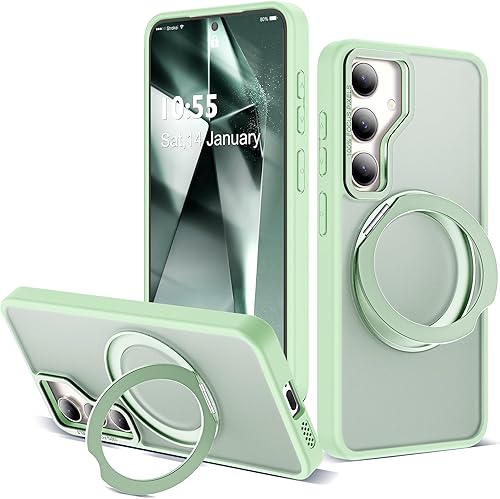 Miniatura 17 de Funda para Samsung Galaxy S25 con soporte de anillo magnético giratorio de 360°, compatible con protección militar Mag-Safe, a prueba de golpes,