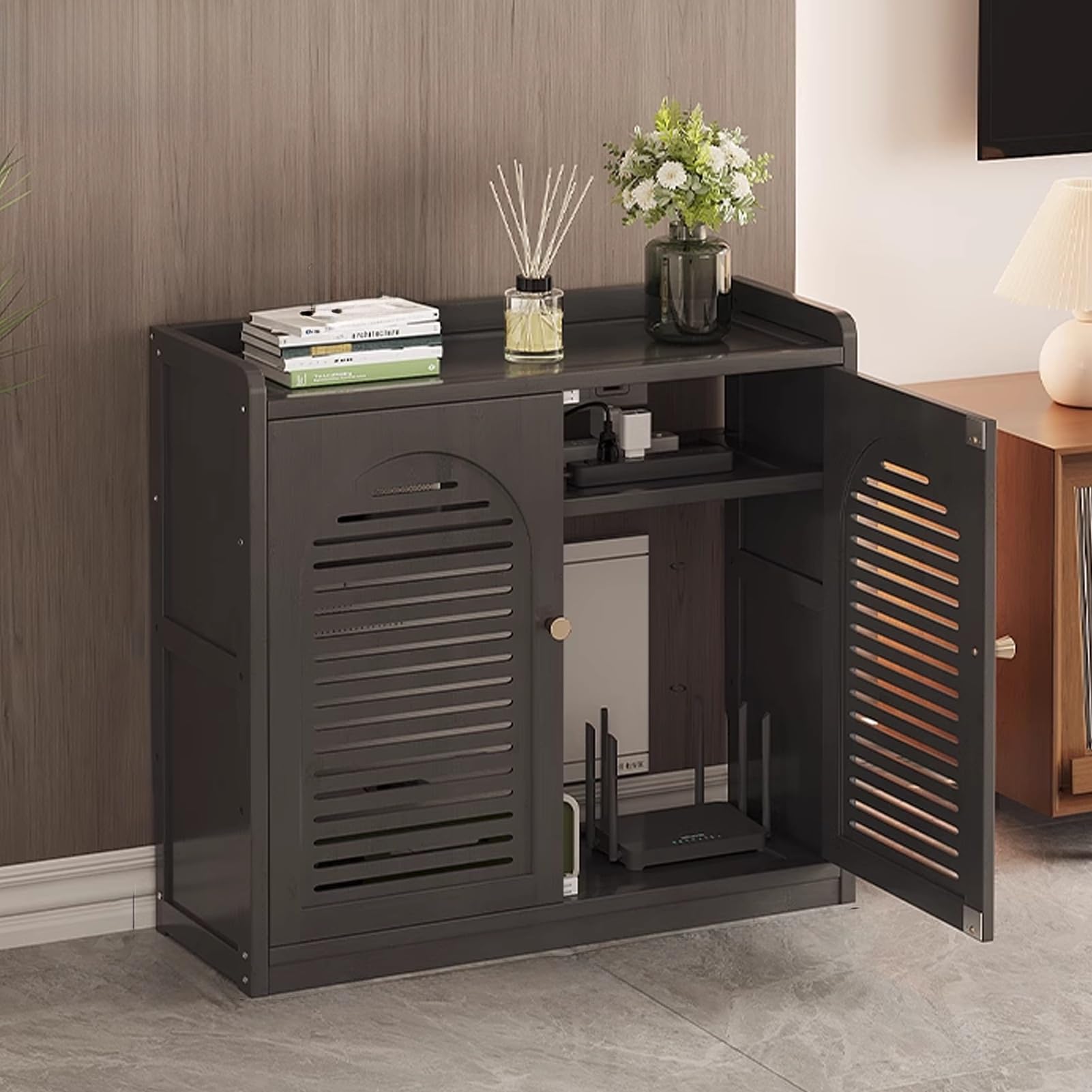Boîte de rangement pour routeur en bambou noir de 67cm meuble multimédia sur pied