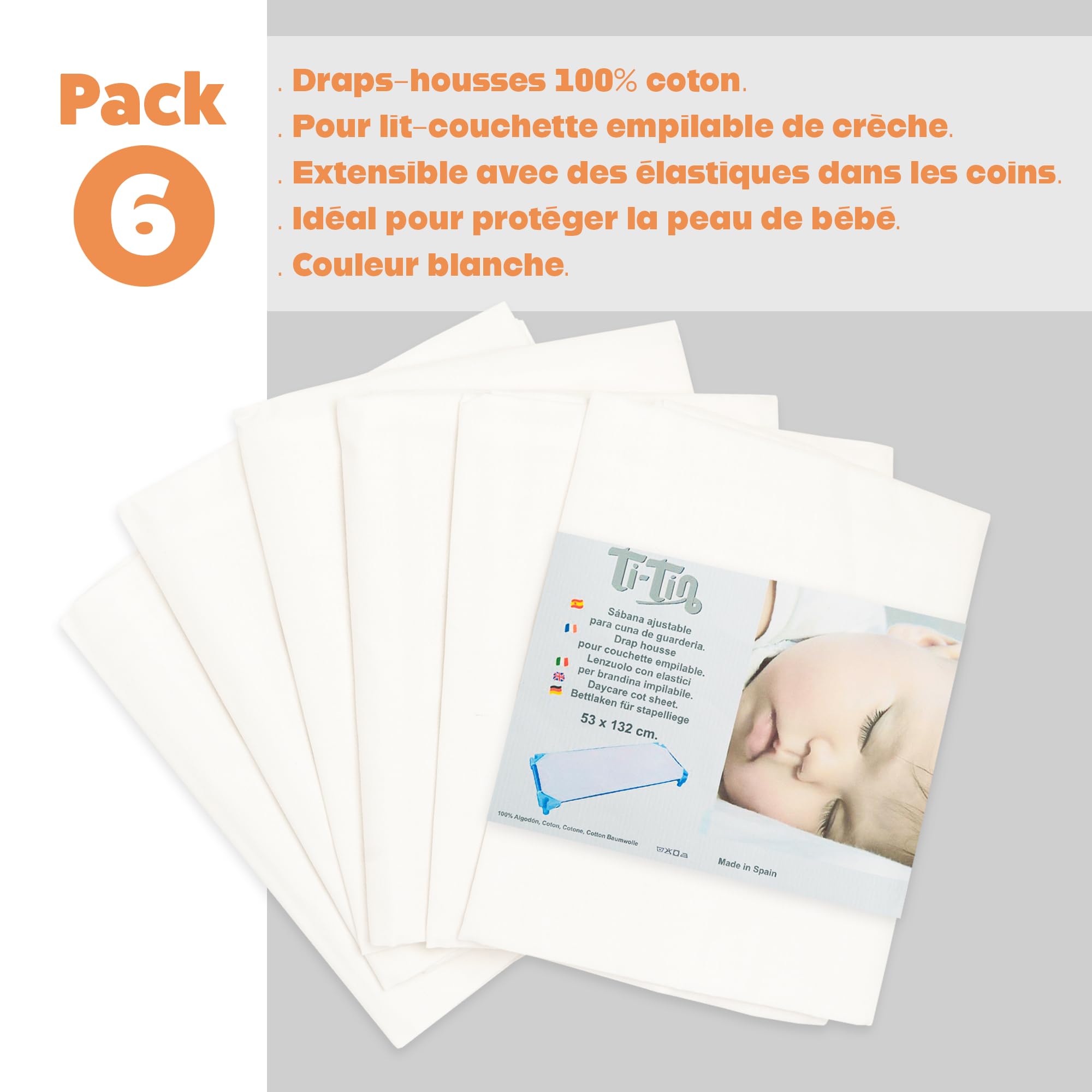 Ti TIN | Lot de 6 Draps Housses pour Lit Enfant/Bébé, 52x132 cm | pour Lit Empilable et Transportable - Drap Housse Respirant et Réglable - École et Garderie - 100% Coton - Couleur Blanc