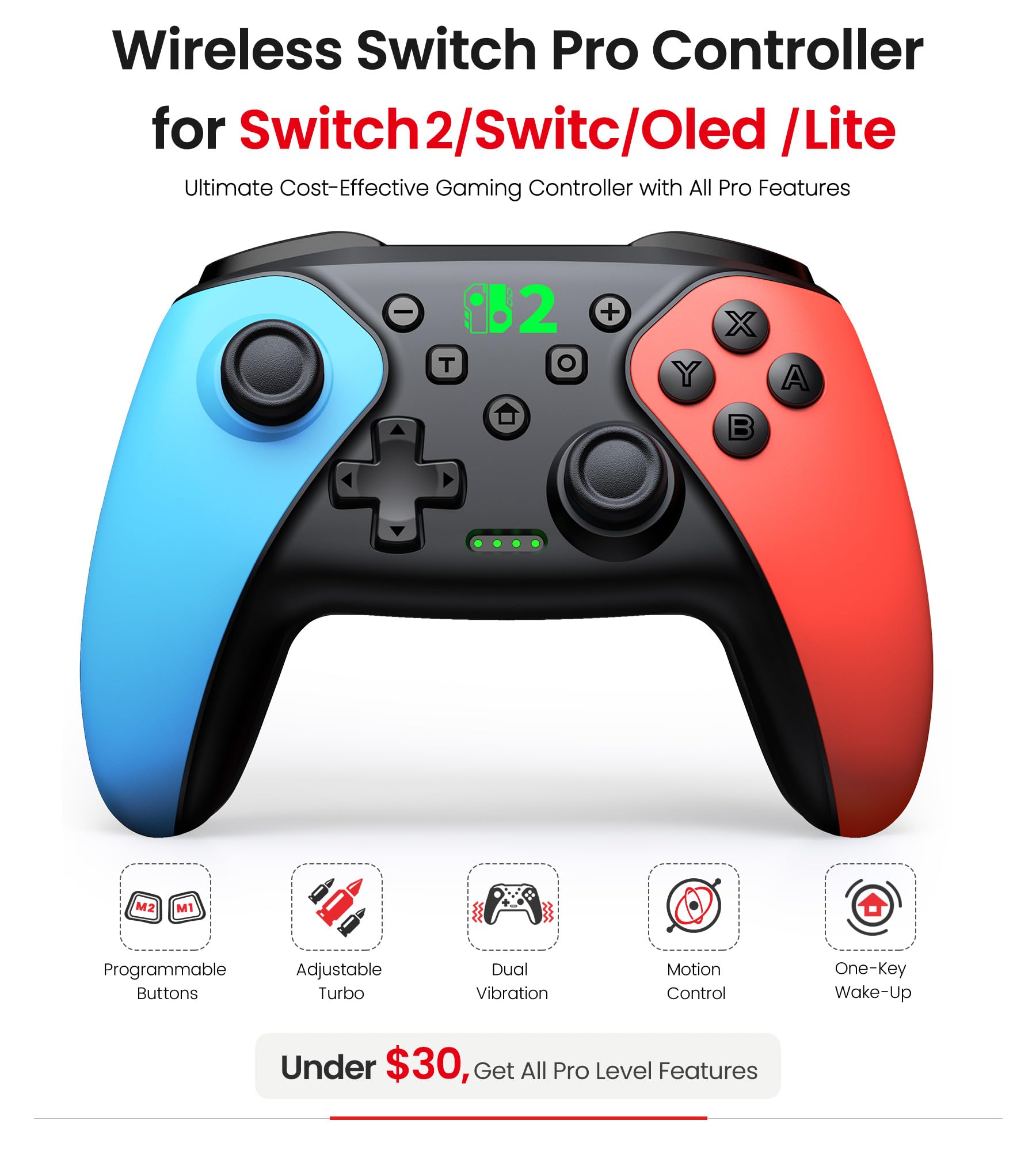 Wireless Pro Controller für Switch 2/Switch 1/Lite/OLED/Android/IOS/PC, Gamepad mit Programmierbar/6-Achsen Gyroskop/Dual Vibration/Turbo/1000mAh Akku, Ergonomisch Gestalteter Präzise Joystick - 3