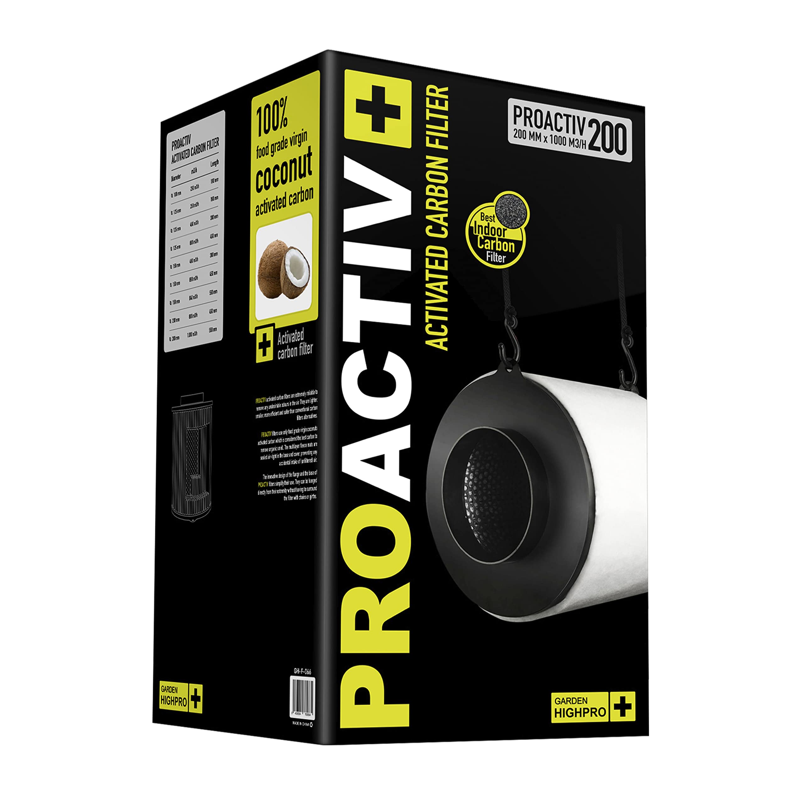 GARDEN HIGHPRO Filtre à charbon actif PROACTIV 200 mm 1 000 m3/h | Charbon actif de noix de coco | Élimine les odeurs organiques
