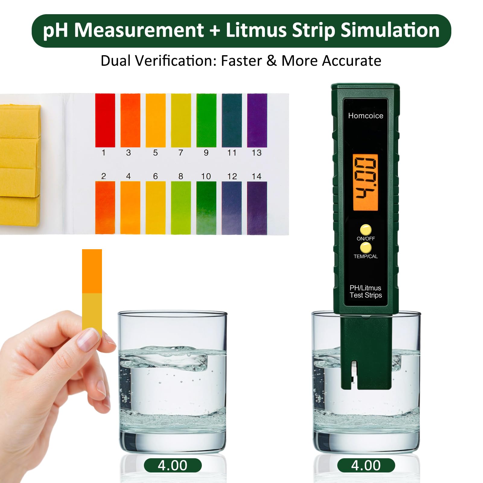 Misuratore pH con Simulazione Striscia e Misurazione Temperatura, Tester pH 0,01 con precisione automatica temperatura per piscine, acqua potabile, acquari, idroponica