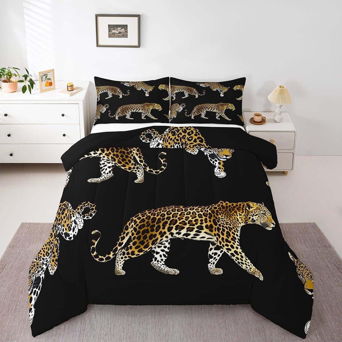 jejeloiu Leopard Comforter Set Toddler Size Girls Green Cheetah Print Bedding Set for Women Teens Safari Animal Duvet Quilt Breathable Soft Lightweight Microfiber Room Decor