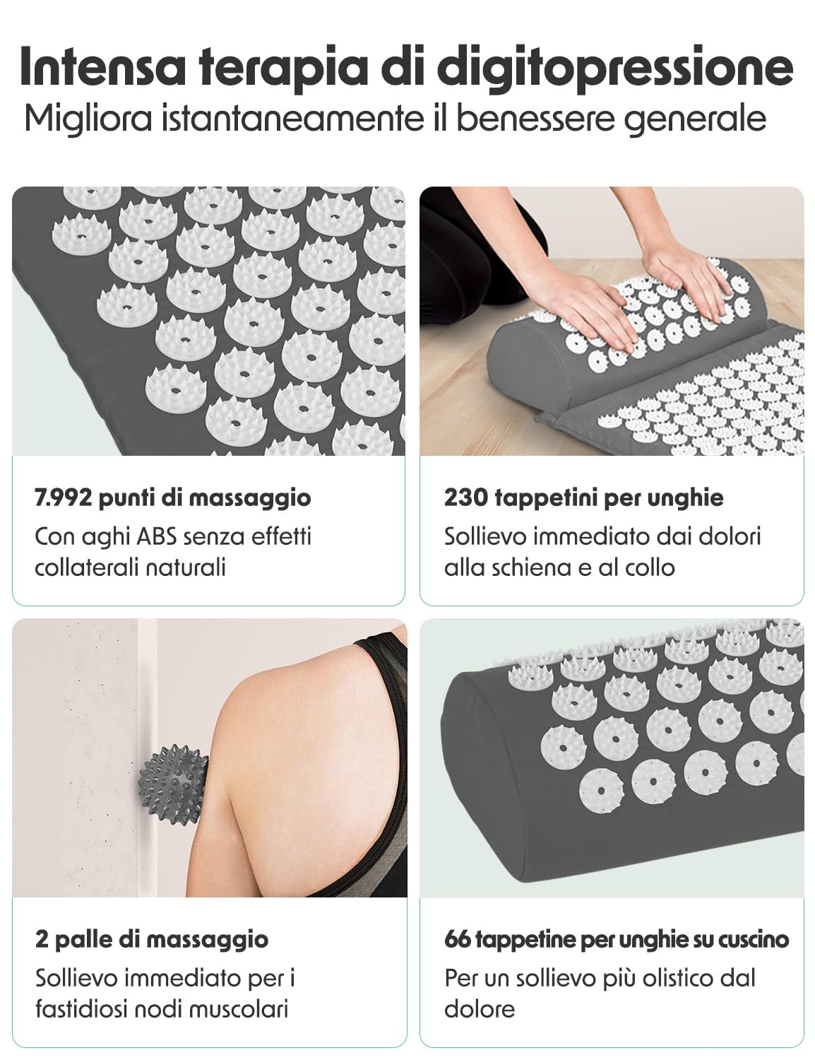 LifeGoods Tappetino Agopressione - Eco - Tappetino Massaggiante Corpo - Tappeto Agopressione - Mysa Tappetino Svedese - Mysa - Sfere da Massaggio e Borsa - Bianco e Grigio