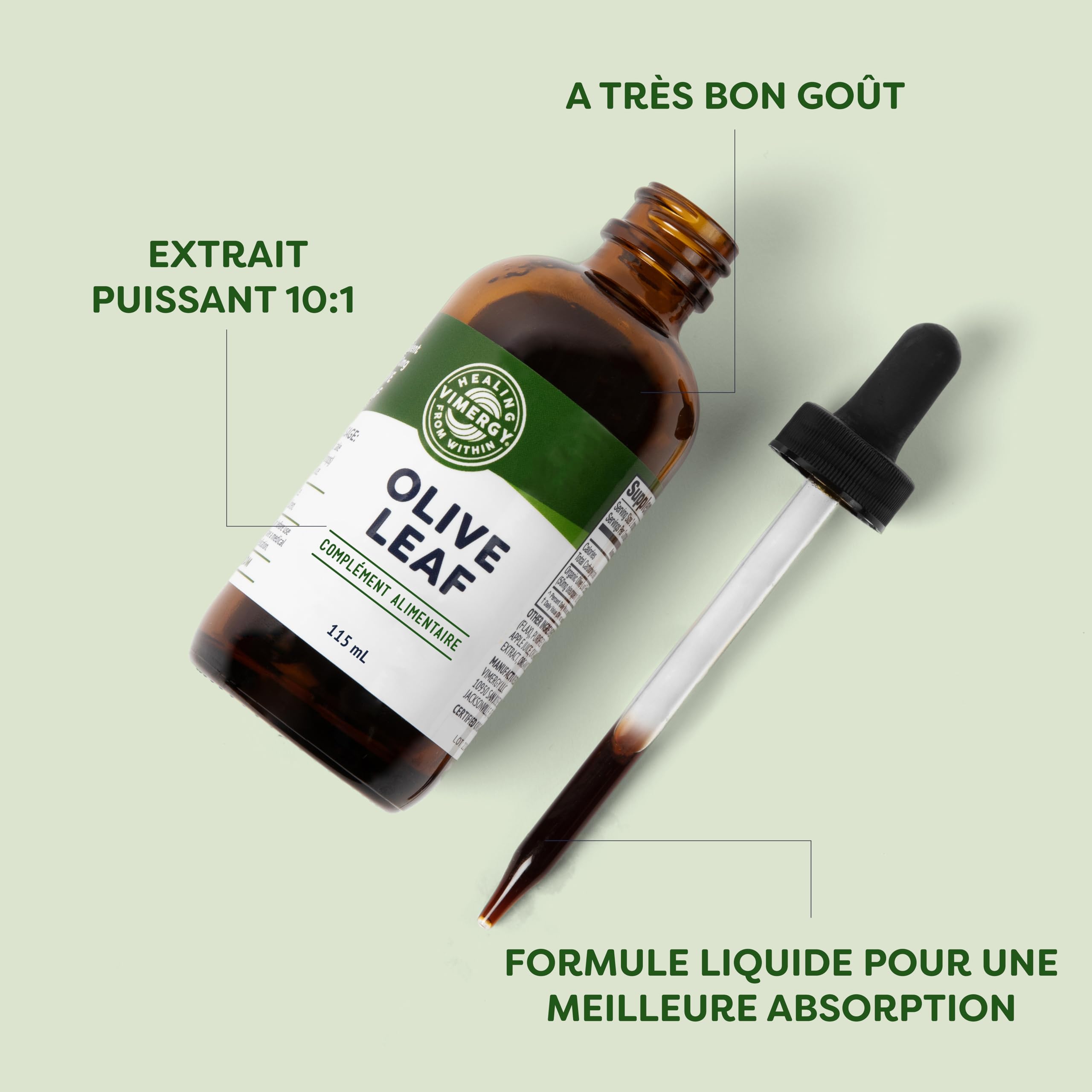 Vimergy Feuilles d'Olivier, 57 Portions – Extrait Feuilles Olivier Liquide – Complément Végétalien – Formulé sans Sucre ni Liant – Sans OGM et sans Gluten (115 ml)