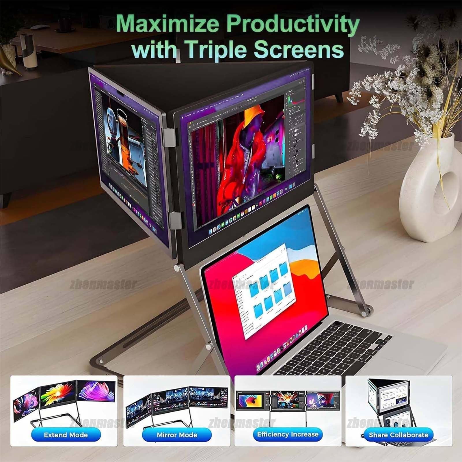 Estensore Monitor Triplo Portatile Da 15,6”, Estensore Monitor Triplo 1080P FHD Per Laptop, Monitor Portatile Per Notebook Con Rotazione A 360° E Angoli Di Visuale Regolabili
