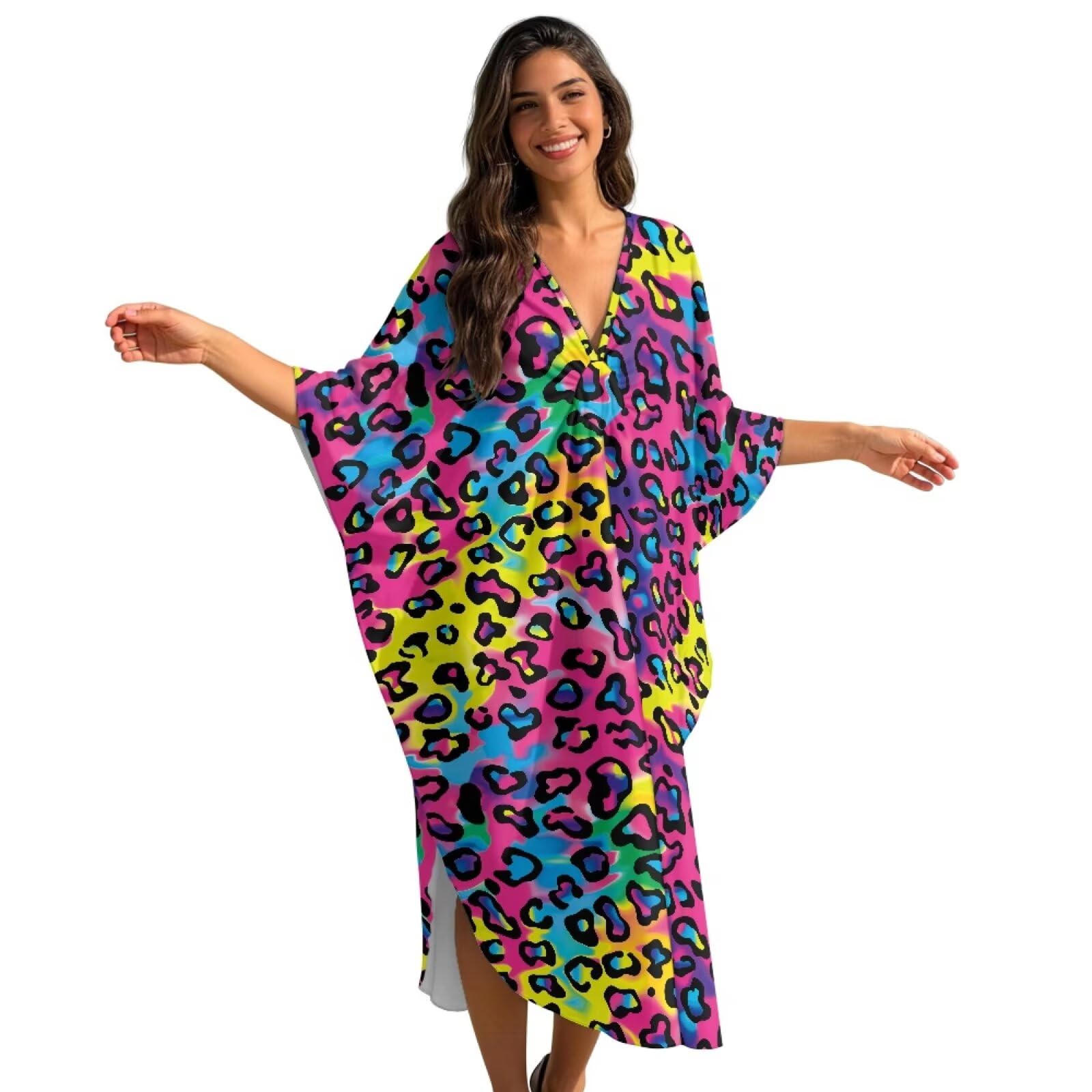 Poceacles Vestido caftán de playa para mujer, talla grande, vestido de verano con cuello en V, bikini con mangas de murciélago