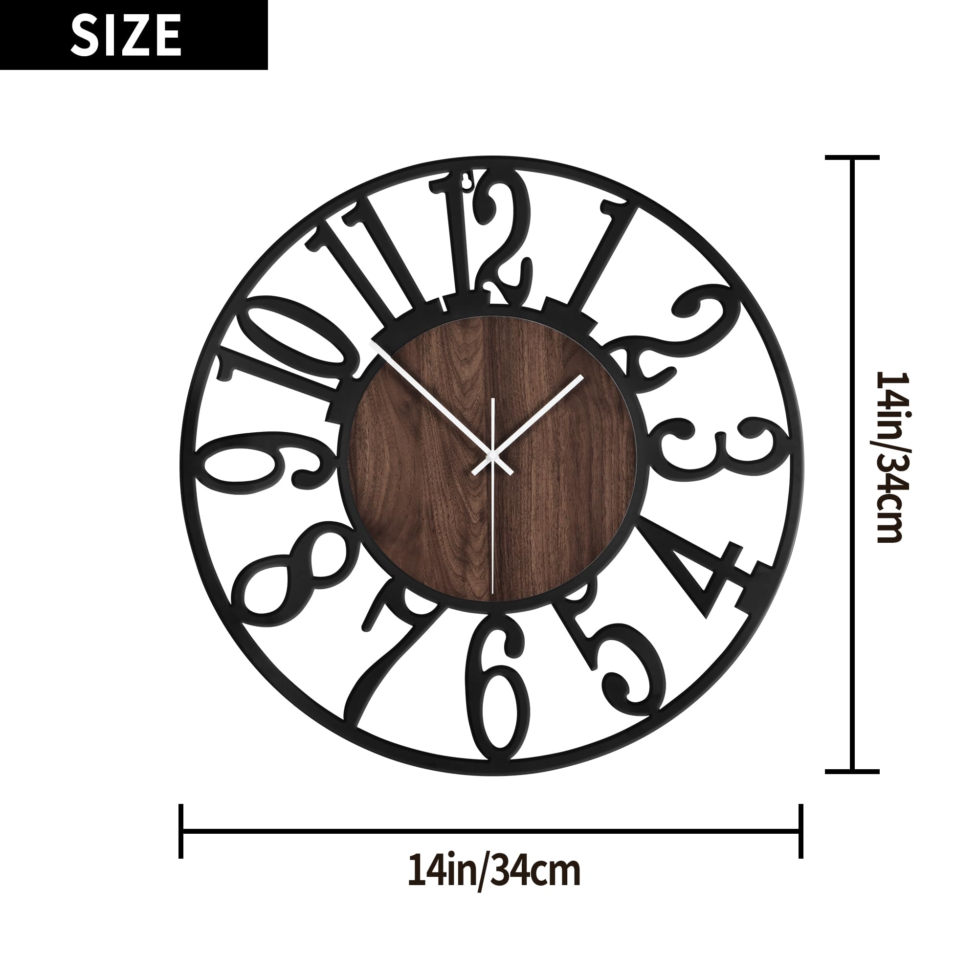 HAITANG Orologio da parete per decorazione del soggiorno, Orologi decorativi in legno e metallo nero silenzioso antico, 34 cm, per fattoria, camera da letto, cucina, casa, orologio a batteria,