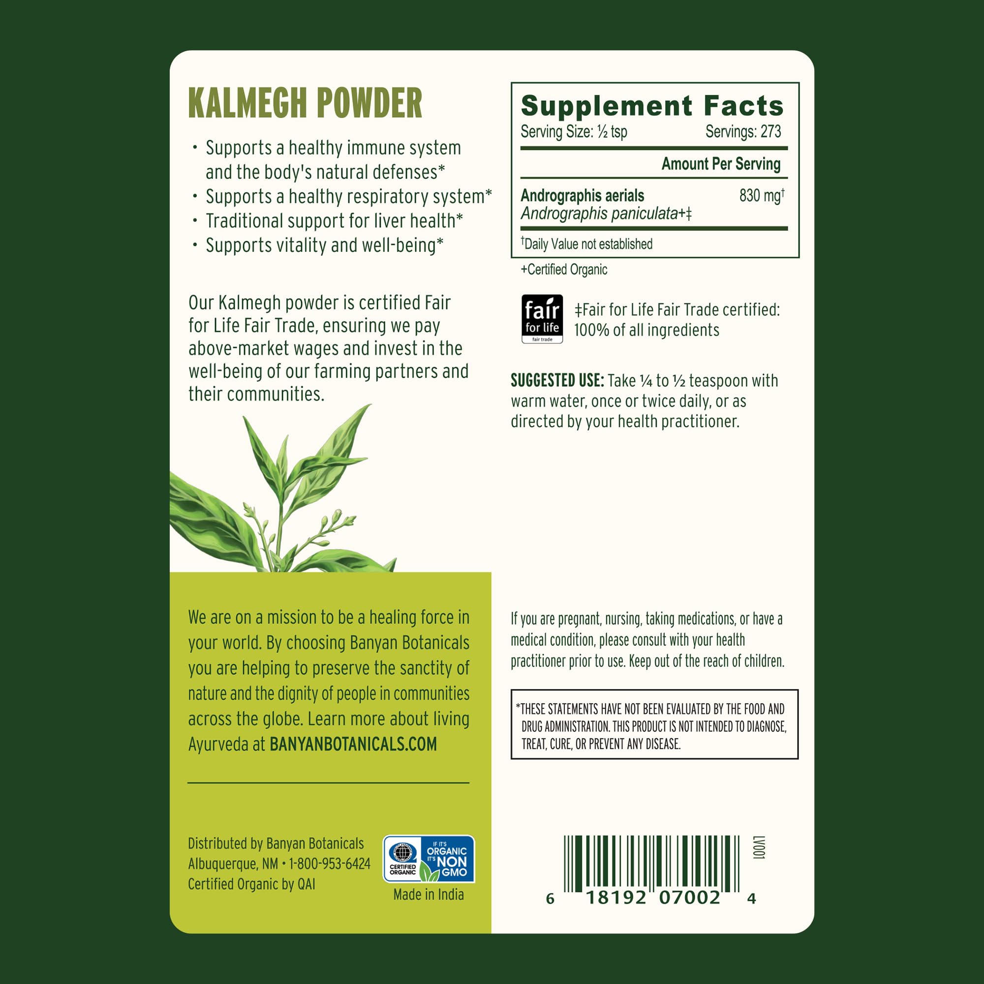 Banyan Botanicals Kalmegh Powder - Certified Organic, 1/2 Pound - Andrographis paniculata - Supports proper function of the liver and the immune system* by Banyan Botanicals