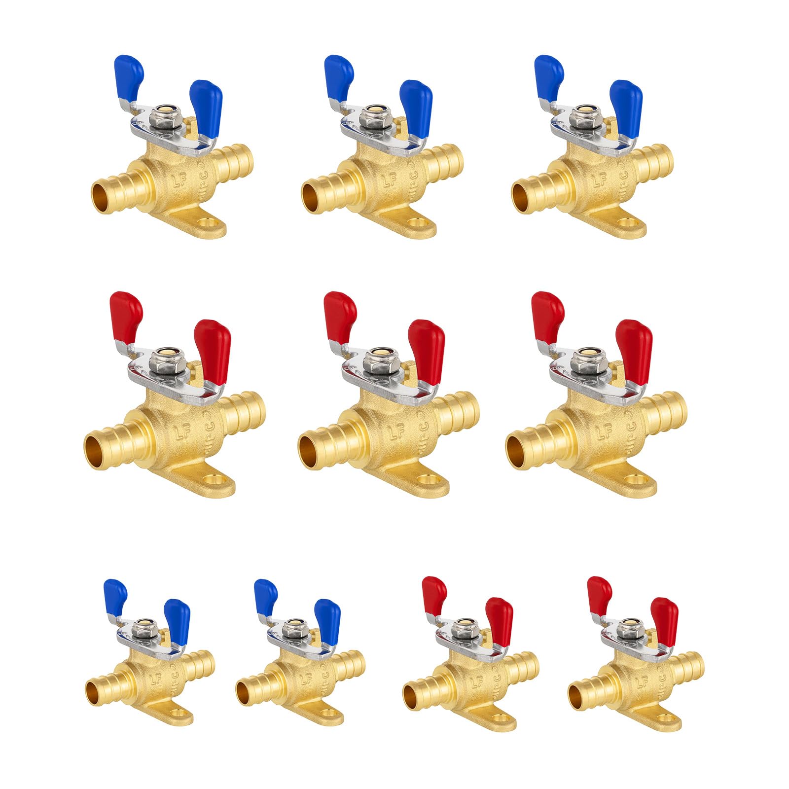 10 valvole a sfera con orecchio a goccia, 1,3 cm, valvola di chiusura a crimpare Pex con maniglia a farfalla, valvola a sfera in ottone con porta completa Pex B, per acqua, aria, carburante