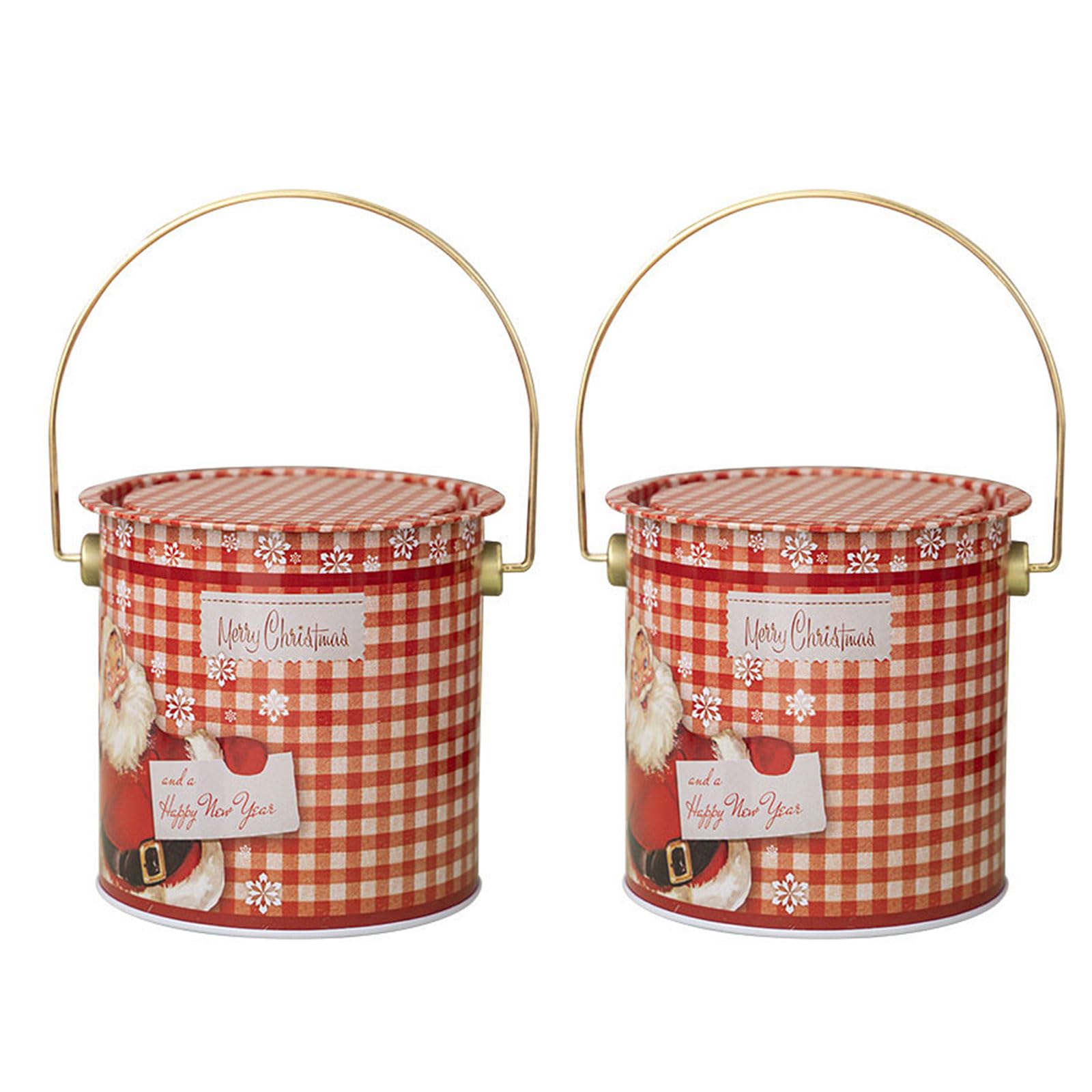 Tsophreniq 2pcs Christmas Treat Container with Carry Handle Handheld Tinplate Round Bucket Sweets Tins Candies Storage Organizers Storage Container