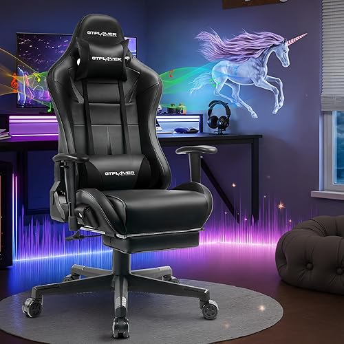 Miniatura 2 de GTPLAYER Silla de juegos con altavoces, sillas de videojuegos con reposapiés para adultos, silla reclinable ergonómica para computadora de PC (negro)