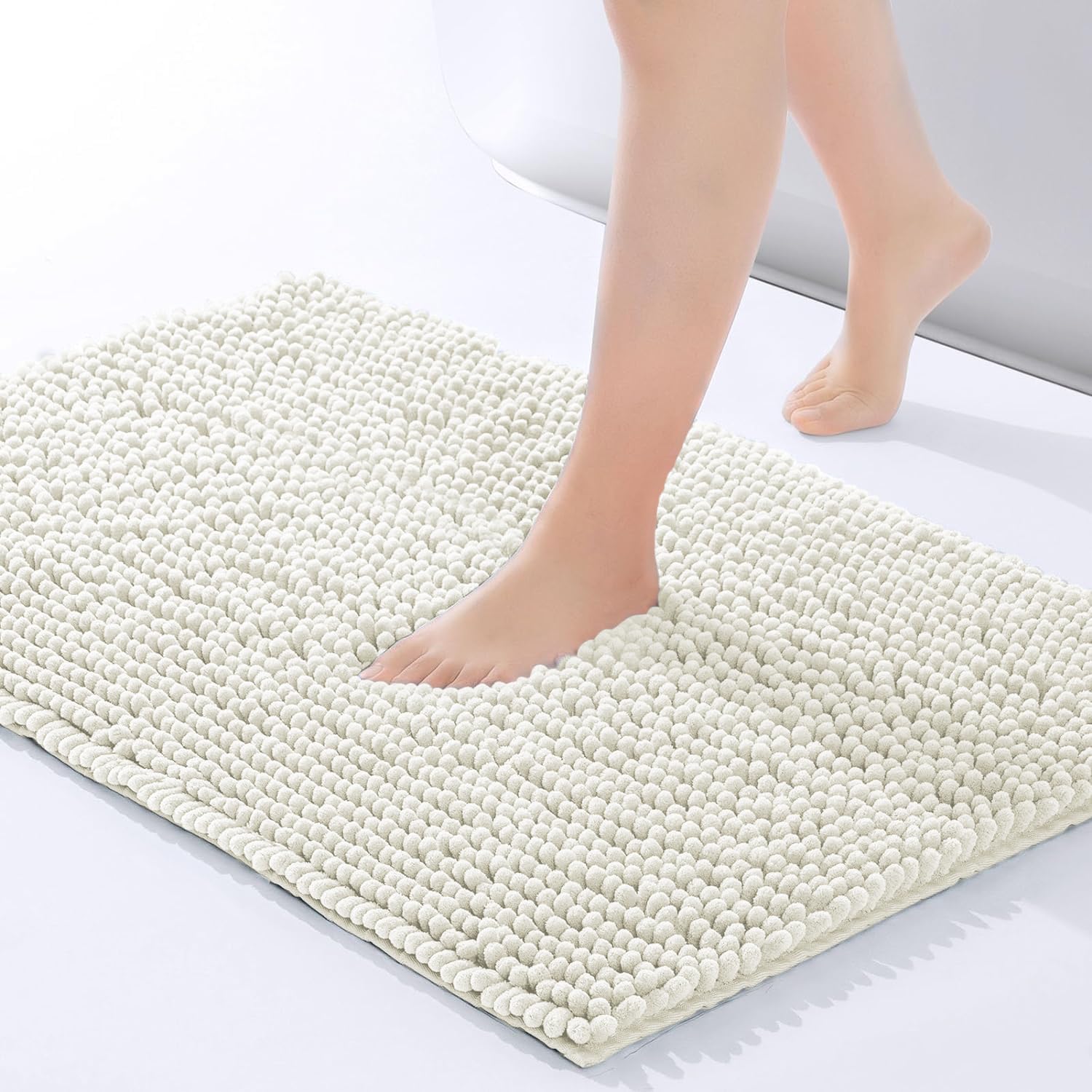 Imperial Rooms Bath Mat Non Slip Anti Mould – 40 x 60 cm White Chenille Shower Mat Machine Washable Bathroom Mat Super Absorbent Extra Soft Fluffy Bath Mats — image 1