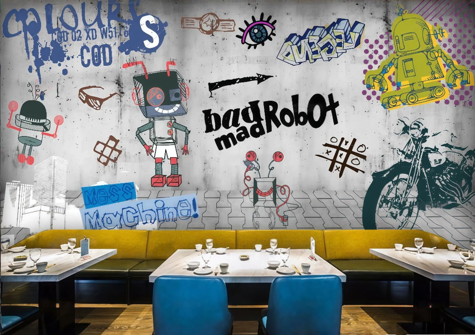XDOUBAO Wallpaper Retro Cement Wall Hand-Painted Cartoon Graffiti Dessert Bakery Afternoon Tea Western Restaurant Background Wall Wallpaper Coffee Shop Mural,3D,400x280cm