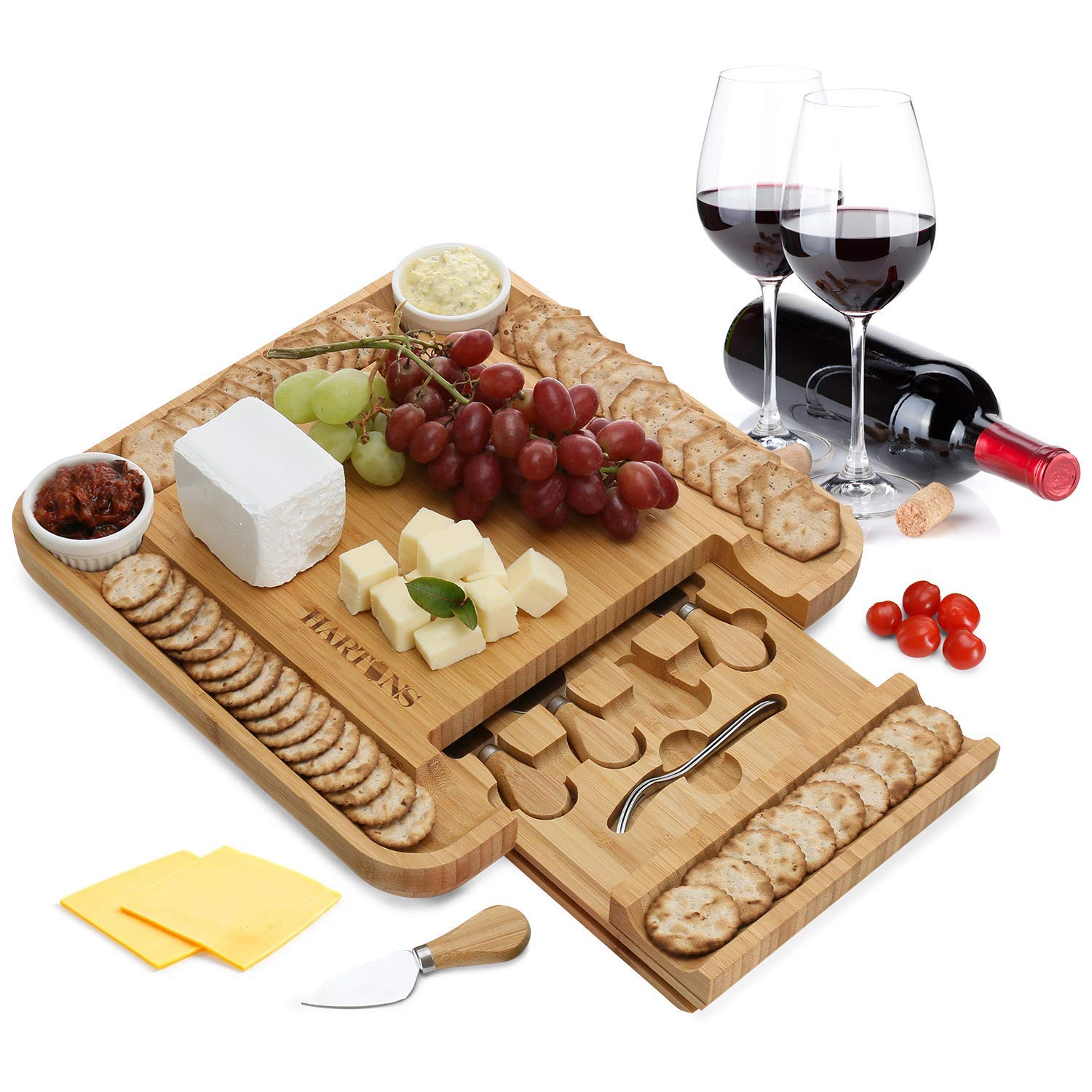Hartons Bamboo Cheese Board 100% Natural with 6 Piece Cutlery Set In Slide-Out Drawer Strongest-and-Heaviest Duty Charcuterie Platter and Serving Meat Board, Cheese Platter With 2 Ceramic Cups -