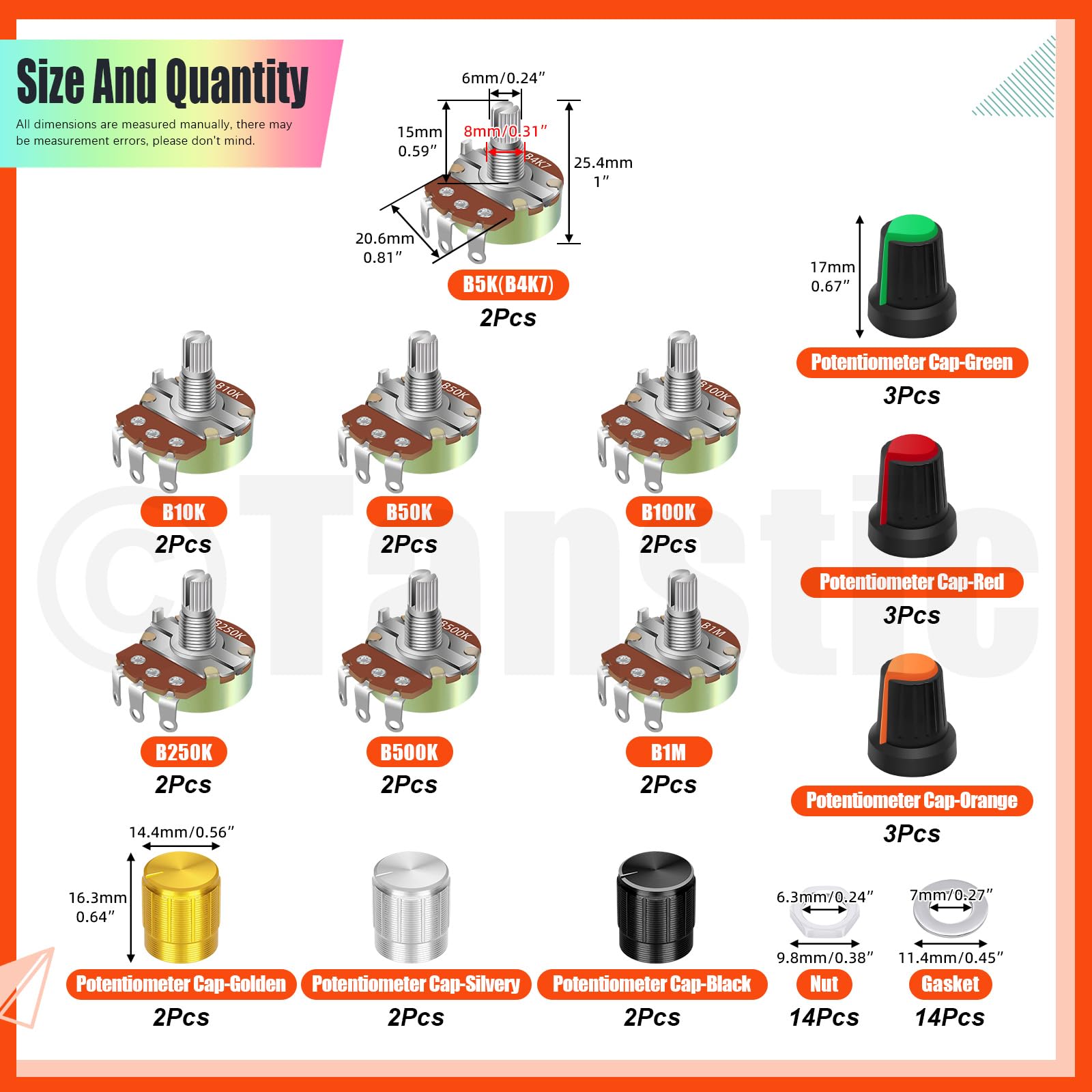 Tanstic 14Pcs WH138 Guitar Potentiometer B1K-B1M Split Shaft Potentiometer with knob