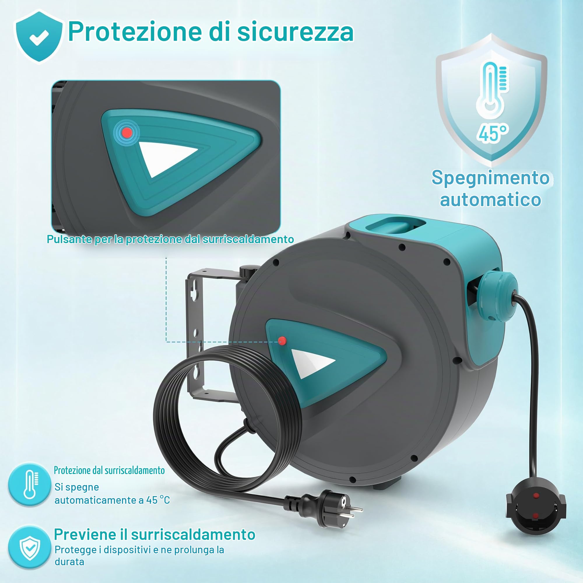 Froadp 20m Automatic Bobine per Cavo, Avvolgicavo con Montaggio a Parete, Bobina Elettrica con Protezione da Sovraccarico, Rotante a 180° con Cavo Elettrico per Gestione del Cavo(Blu)