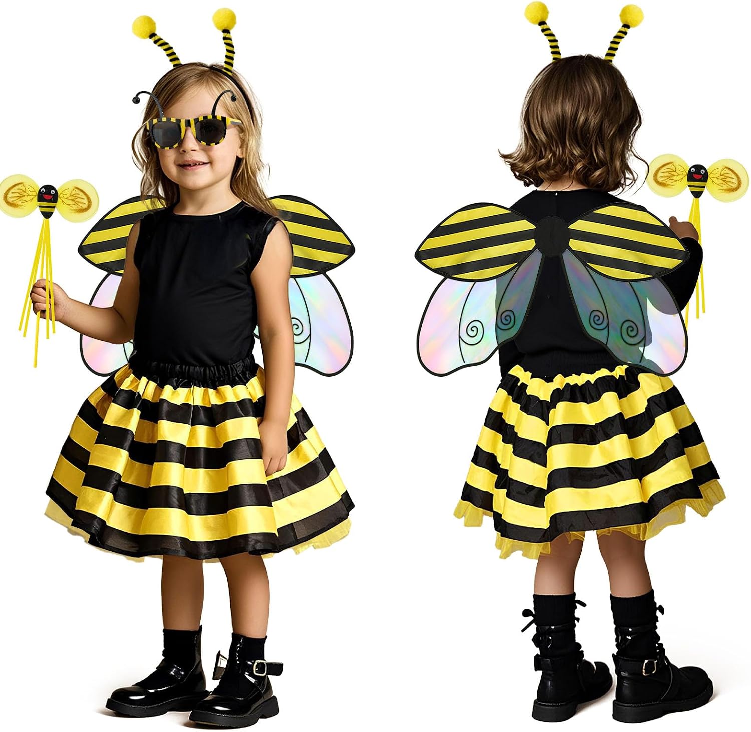 Latocos 5pcs Girls Bee Costume Kids 3-8 Toddler Bumblebee Wings Tutu with Glasses Crown Headband Halloween Dress Up Gift