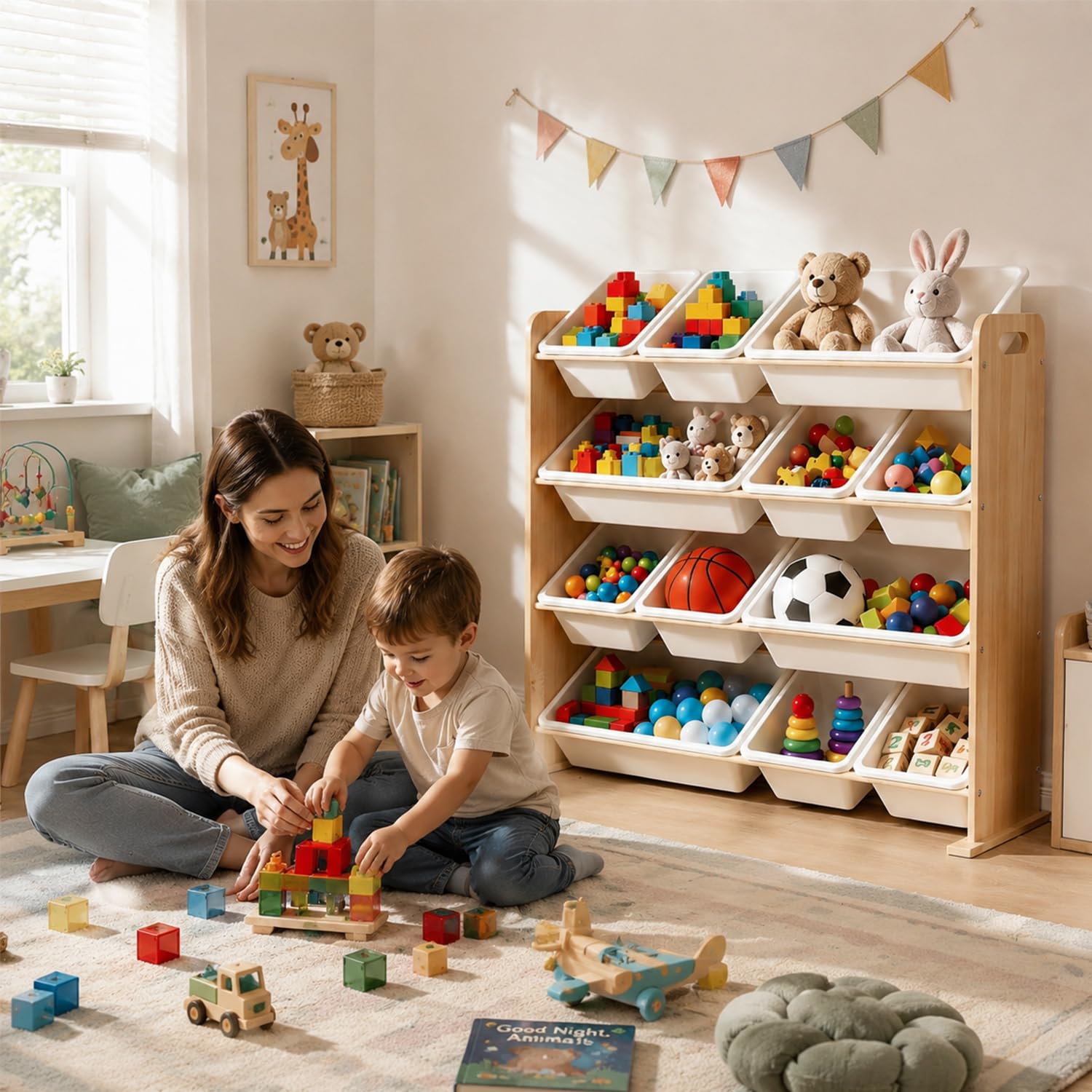 Kinderregal mit 12 Boxen,Spielzeug Organizer Naturholzfarbe