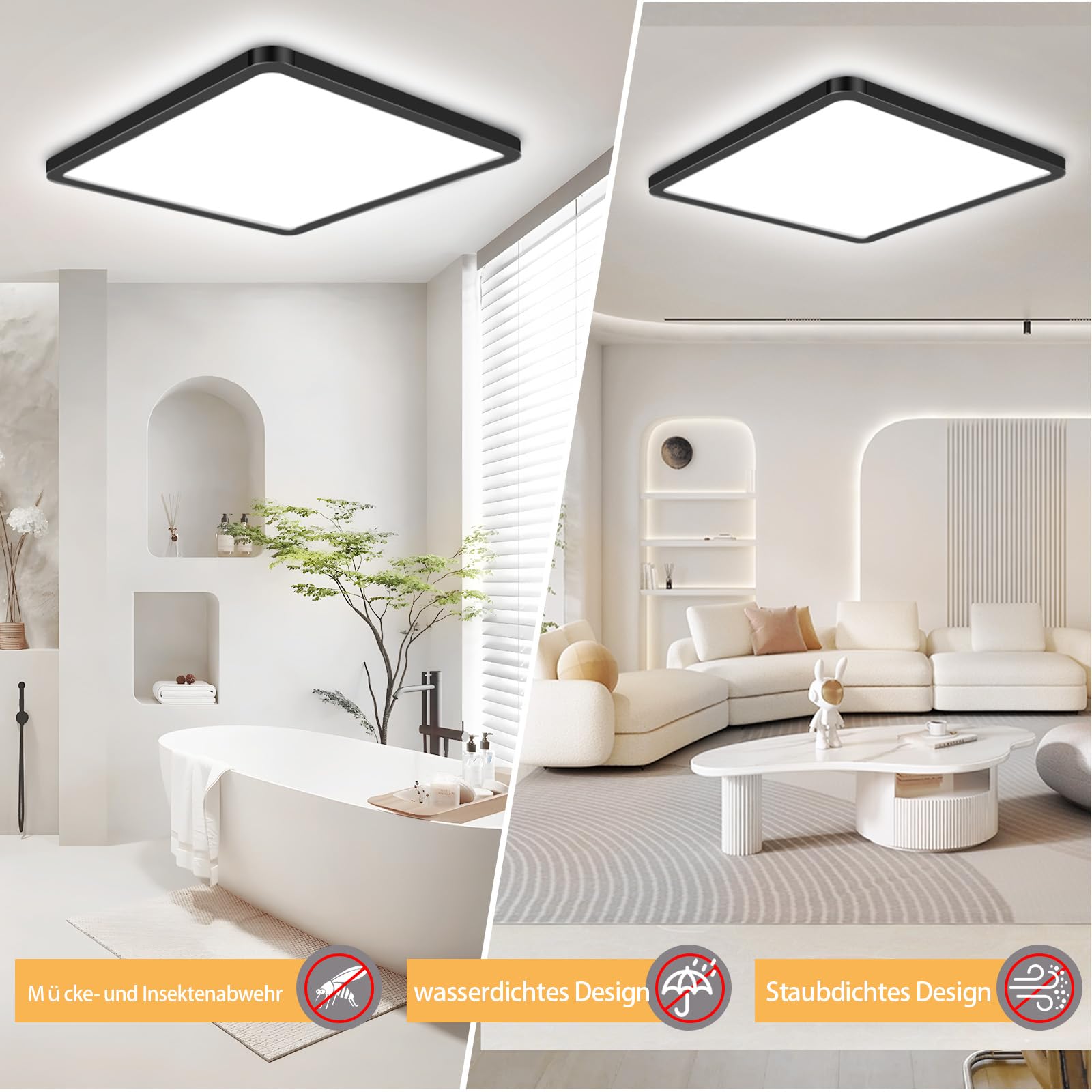 LED Deckenleuchte 32W 6000K/4000K/3000K, 4000LM IP54 Ultra Dünn Deckenlampe, Flach Quadrat Modern Badezimmer Lampe Küchenlampe für Flur Schlafzimmer Balkon Wohnzimmer Ø45CM, Schwarz 1Stücke