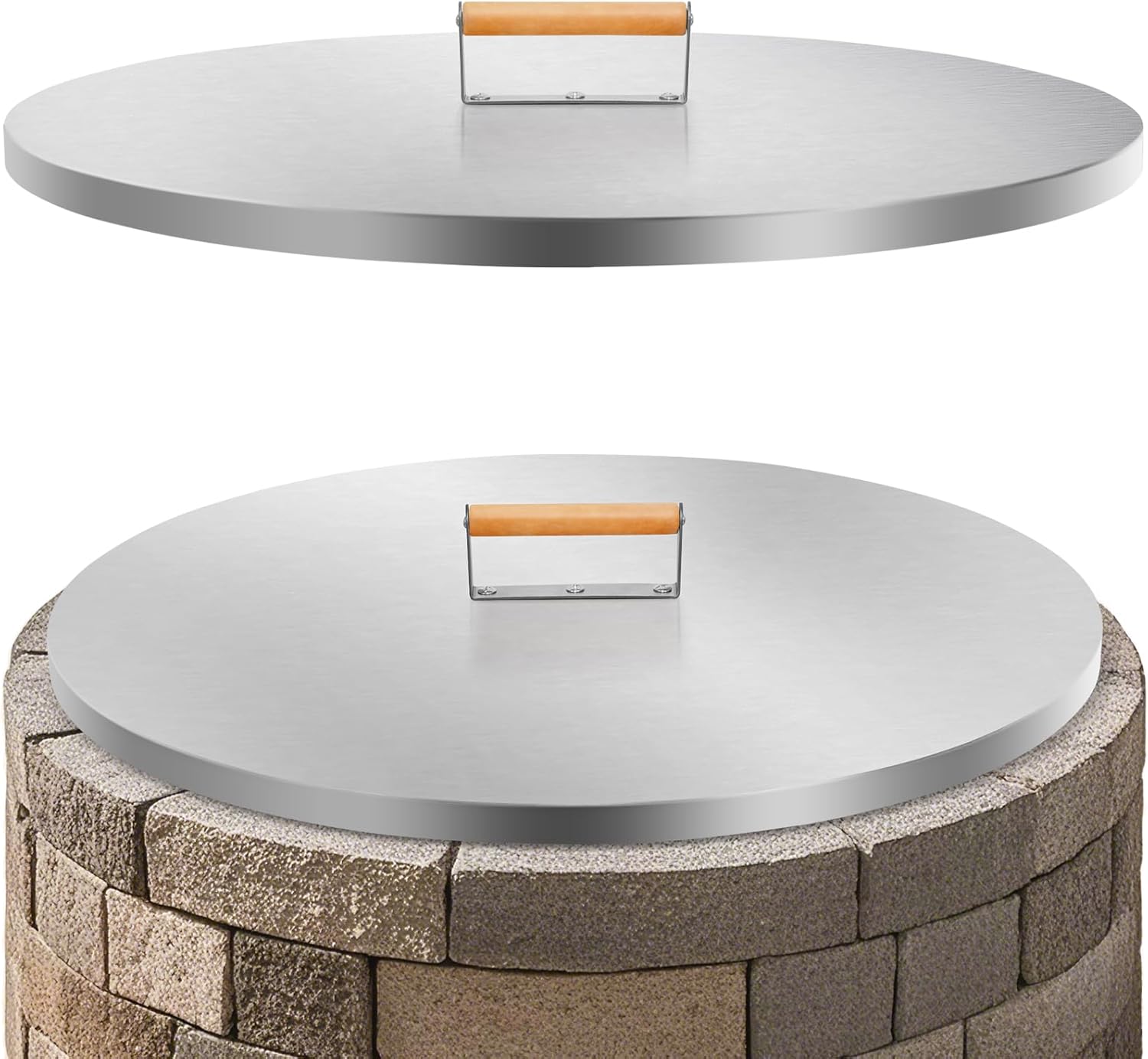 1MORE Fire Pit Lid Round 30" - Stainless Steel Firepits Cover with Wooden Handles for Patio Firepits,Rust Resistant 1.5mm Fire Pits Metal Lid, Fire Pits Cover Round, All-Season Protective.Silver 30in