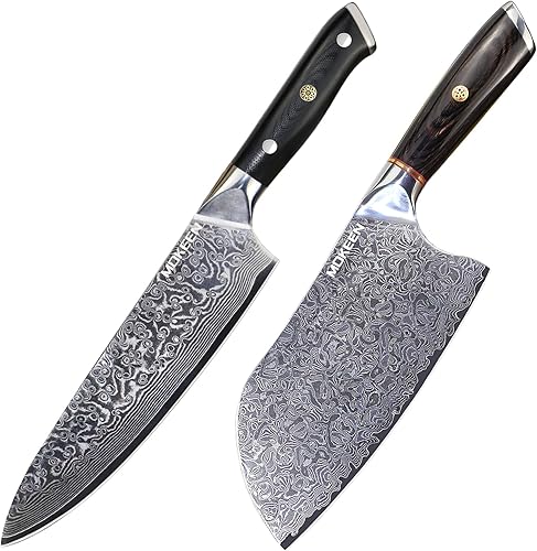 MOKEEN Cuchillo de chef Damasco de 8 pulgadas con mango triple y mango de madera de 7 pulgadas, caja de regalo