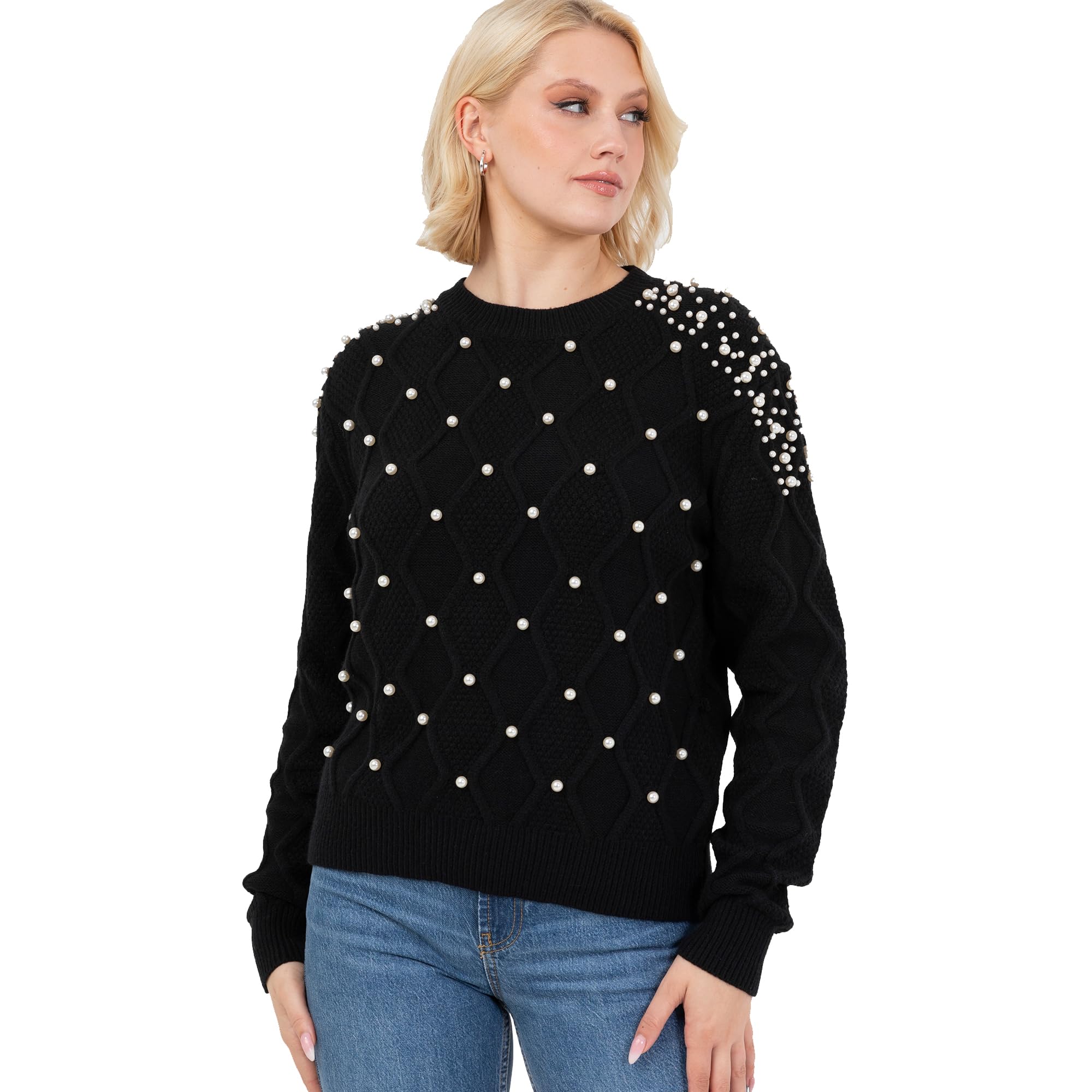 Lovedrobe Women's Crew Neck Jumper Ladies Cable Knit Long Sleeve Sweater Pearl Embellished Pullover Smart Casual Knitwear, Black 20-22