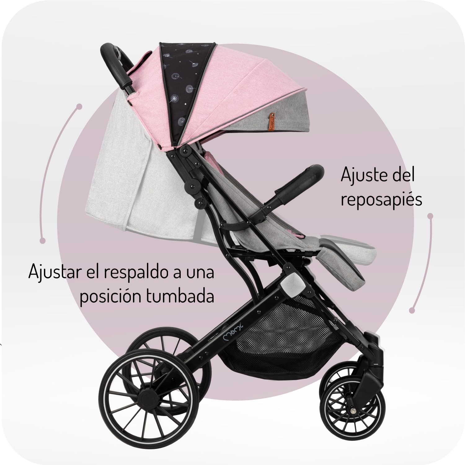 MoMi ESTELLE LIGHT PLUS a partir de los 6 meses (hasta 22 kg), silla de paseo plegable con arnés de 5 puntos, cesta de la compra, barra telescópica, se mantiene de pie plegada