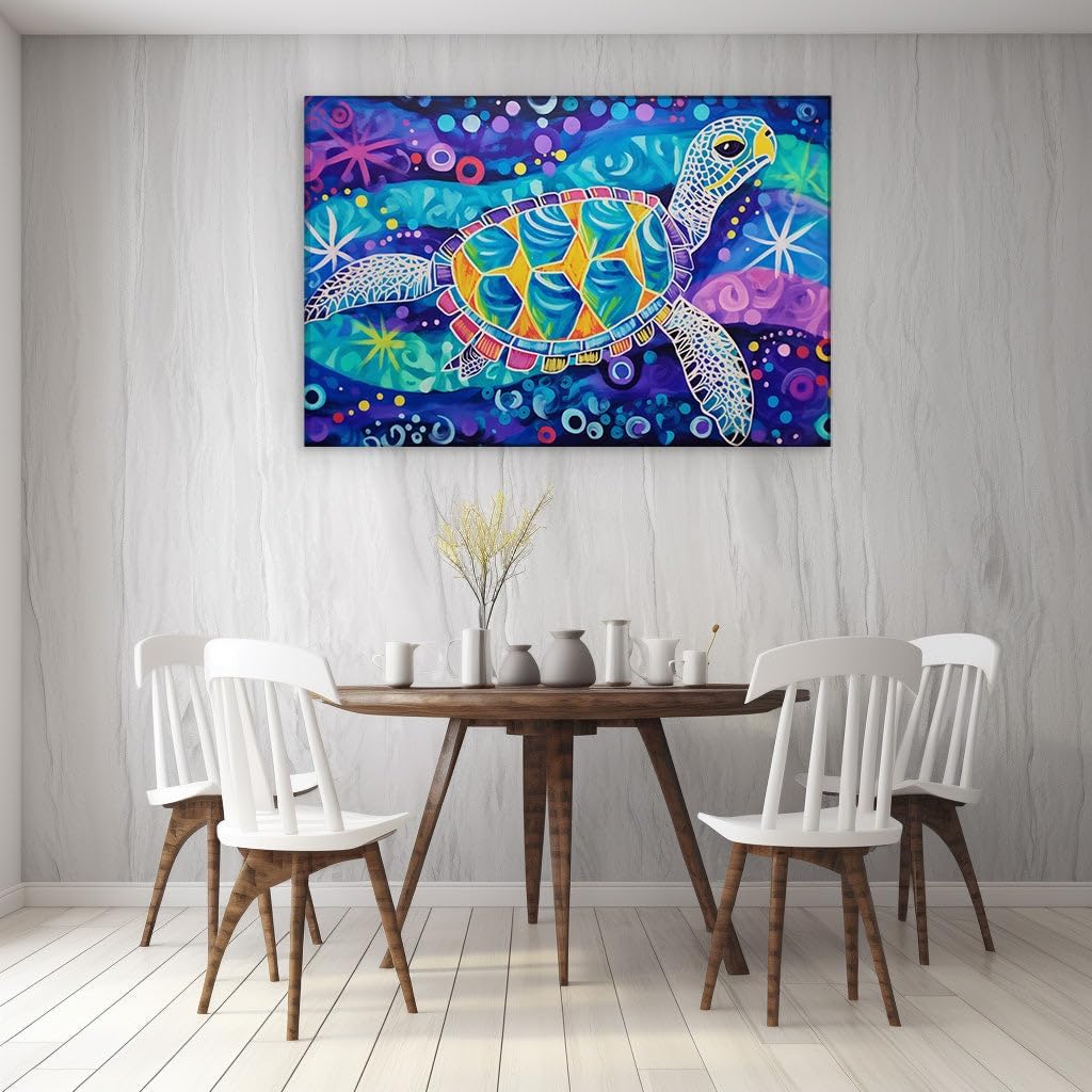 Canvas for Living room. Swimming Through a Starry Sea: The Lively Journey of a Colorful Sea Turtle, 27 x 18 inch Canvas Wall Art - Contemporary Masterpieces - Modern Home Decor - 69x46 cm (27x18 inch)