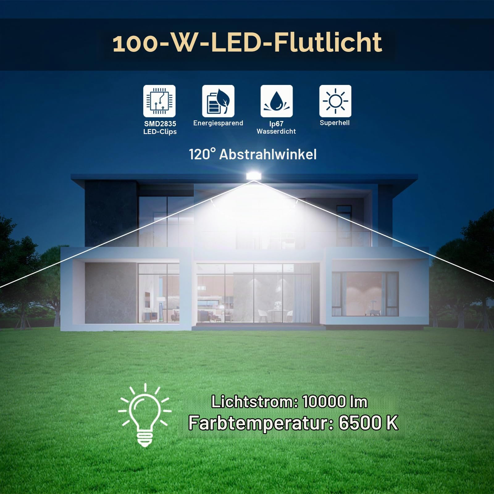 LED Strahler Außen mit Bewegungsmelder 100W - 10000LM 6500K LED Scheinwerfer Futer mit Bewegungsmelder Kaltweiß 2 Stücke IP67 Aussenstrahler Wasserdicht für Garten/Hof/Außenbereich