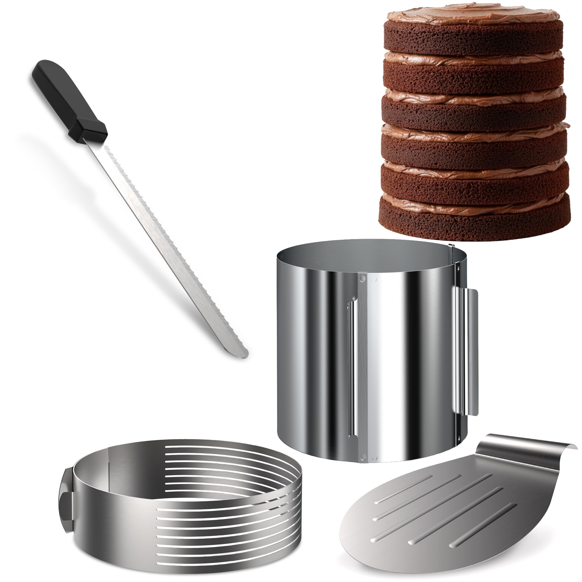 4smile Torten-Zubehör-Set 4 Teile - Tortenring verstellbar hoch 20 cm + Tortenboden Schneidehilfe Ring Ø 26/28 cm + Konditormesser + Tortenheber