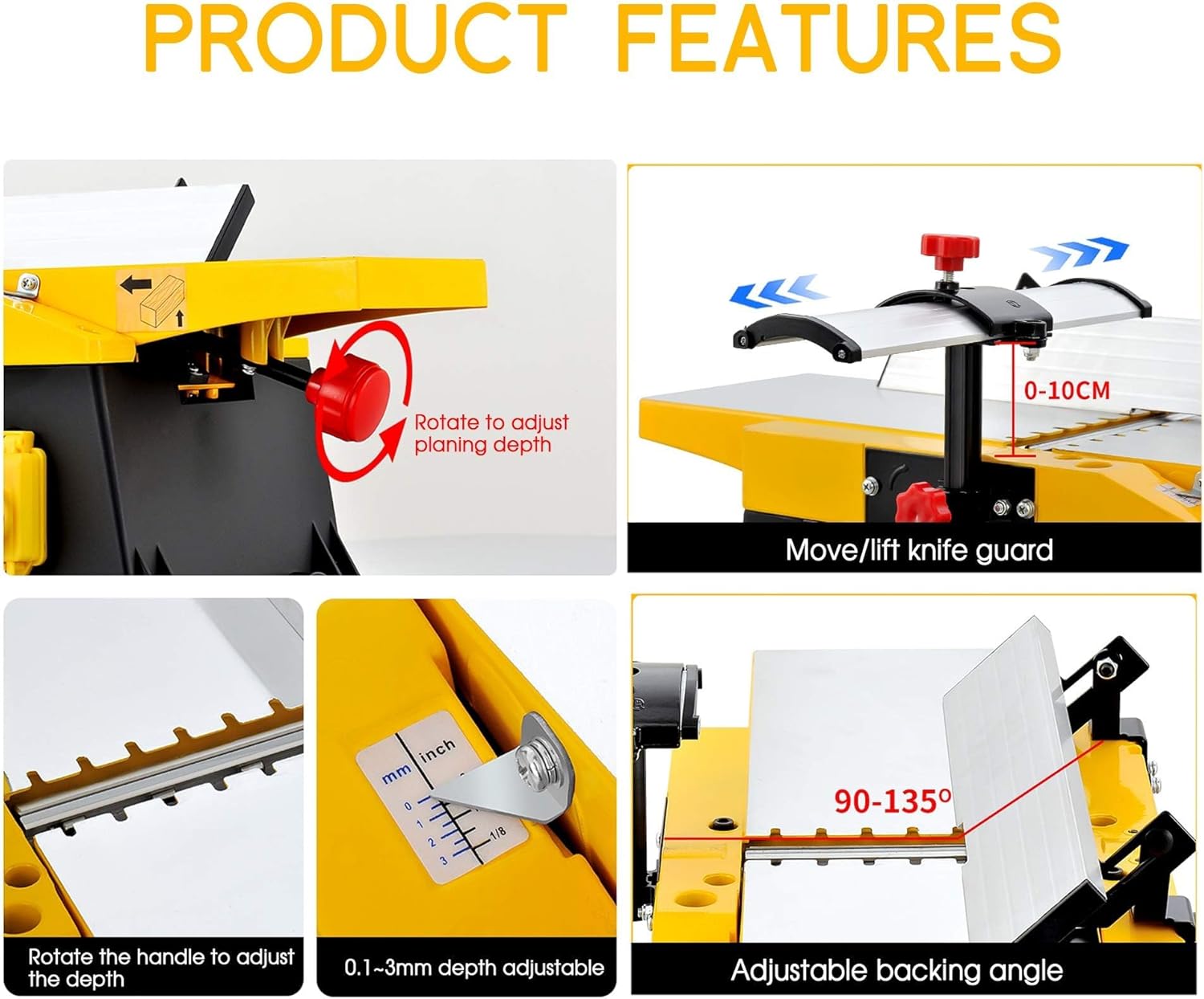 1800W Bench Top Planer Thicknesser, 12000R/Min Electric Jointers Woodworking Planer, Adjustable Cutting Depth, for Wood Cutting Thickness