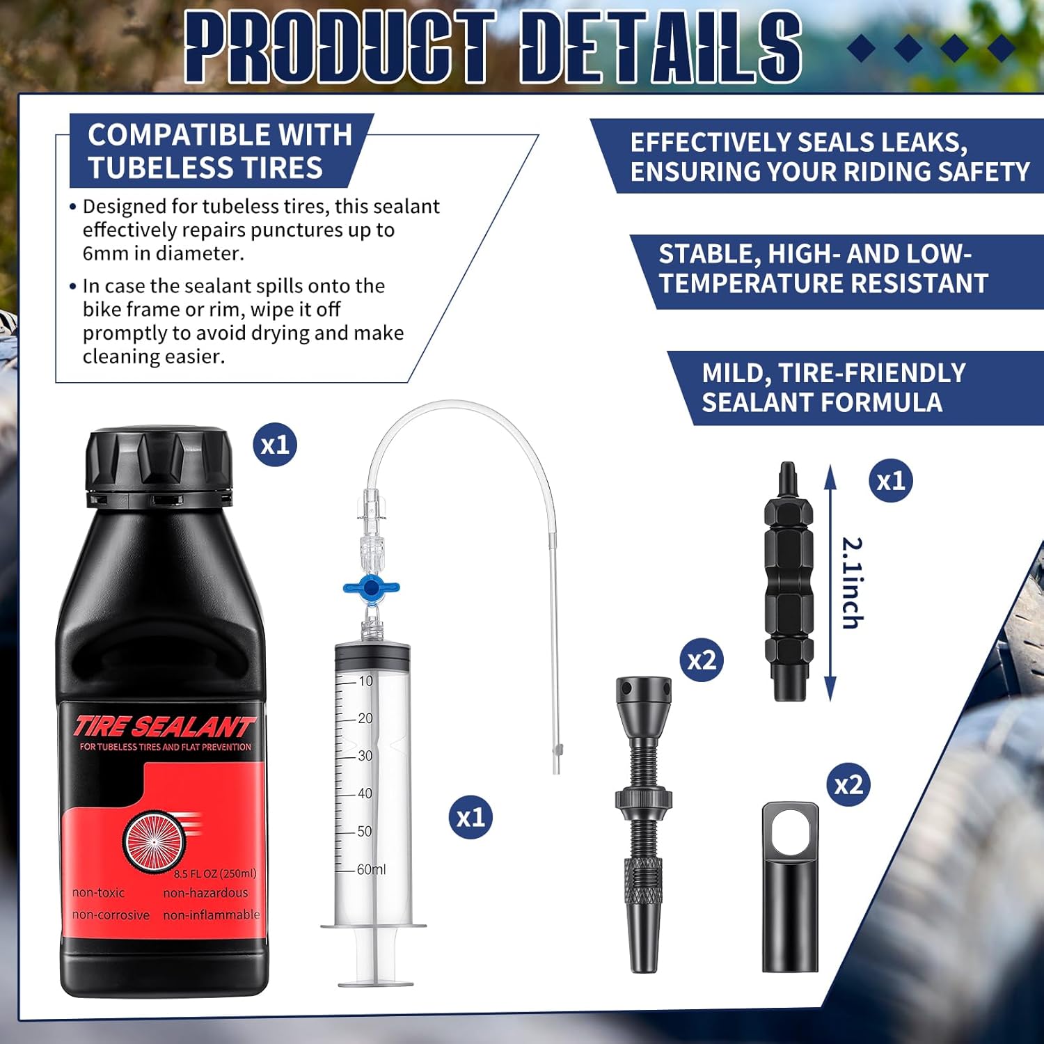 Tubeless Tire Sealant 250ml Tubeless Sealant with Rim Tape, Valve Stems and Injector Kit, Complete Conversion Puncture Repair Kit for Road, Gravel, MTB Bikes