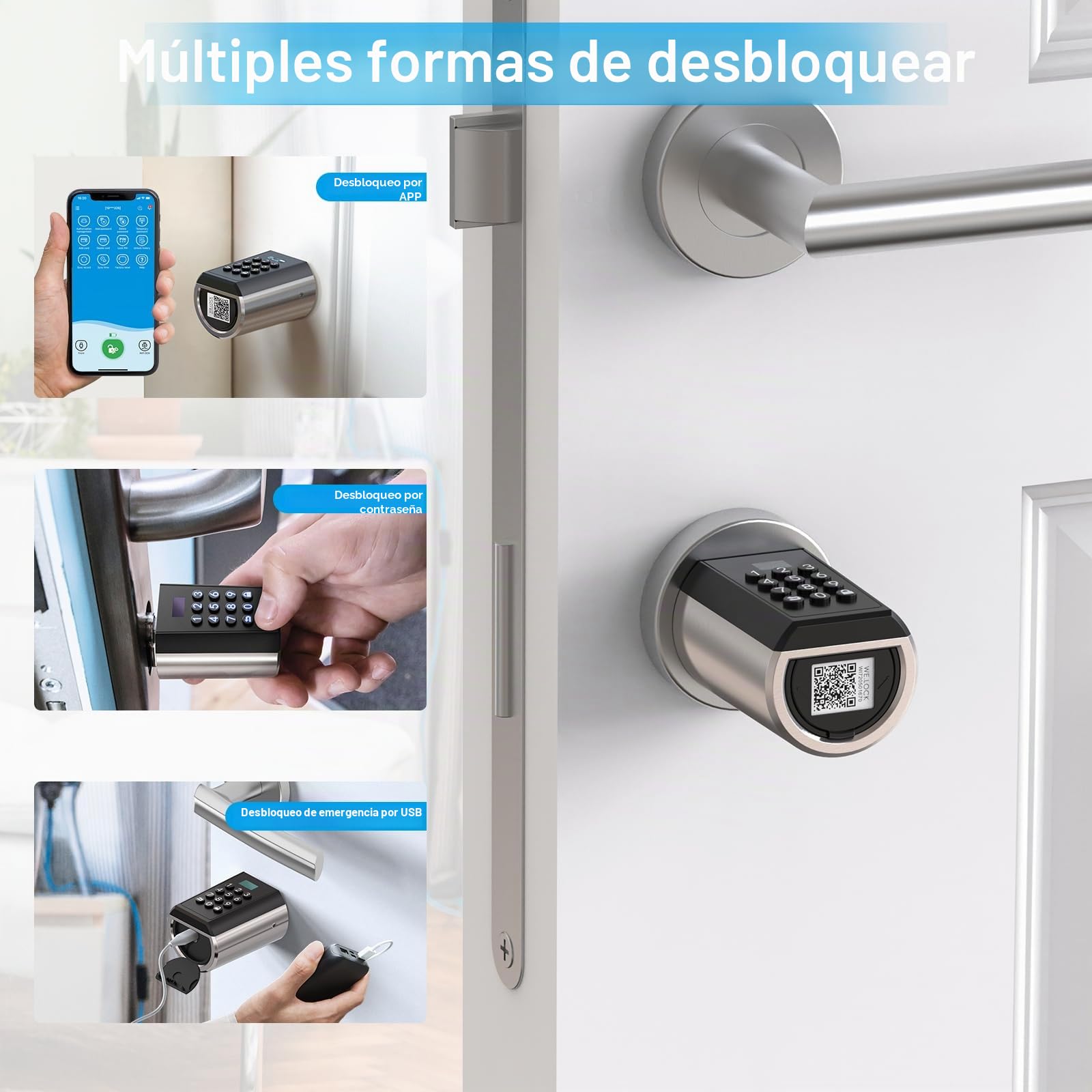 WELOCK Cerradura Electronica Cerradura Inteligente con Código, Bluetooth y WiFi, Smart Lock Fácil de Instalar Plata