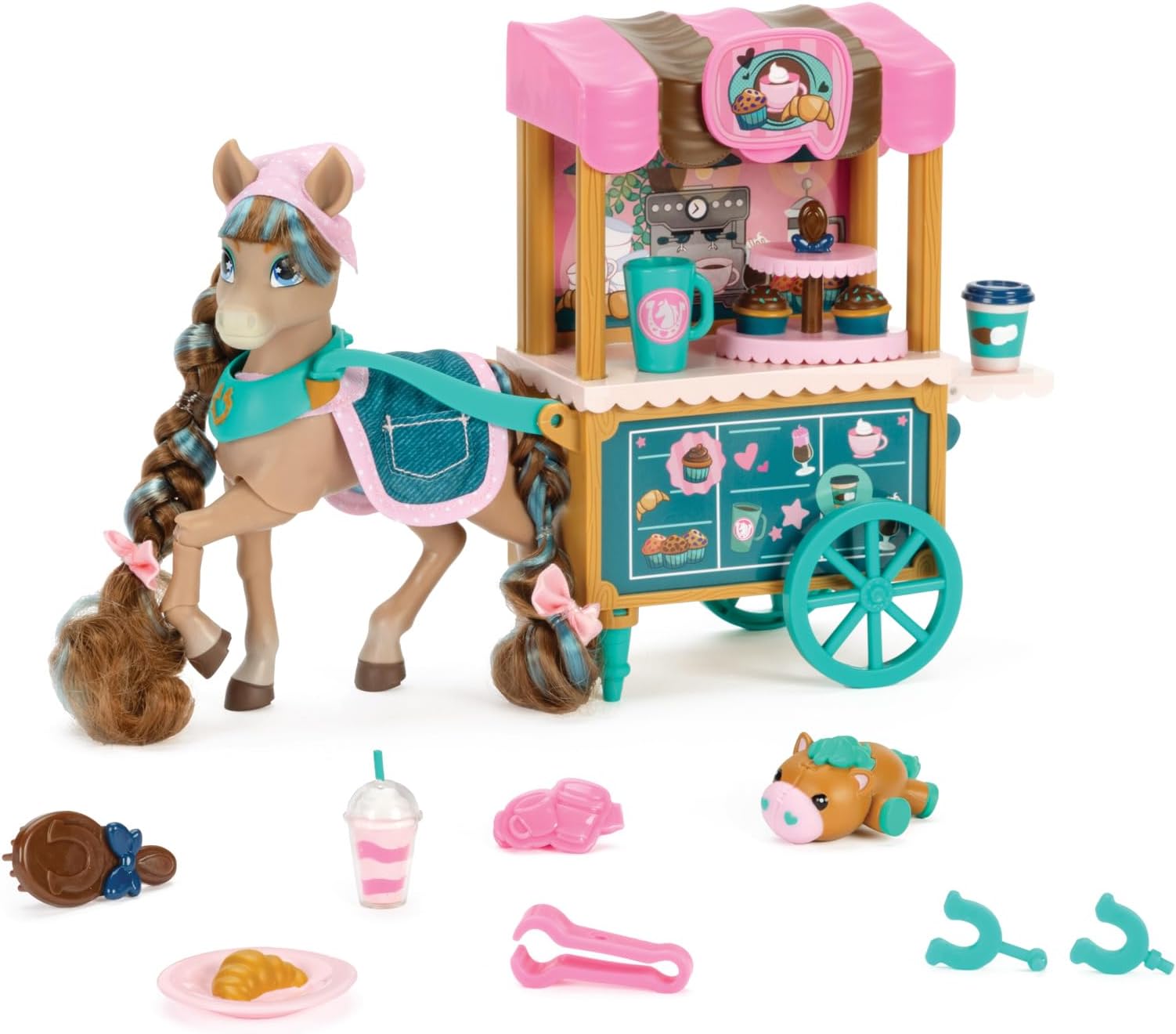 Wild Manes Horse Toys – Cocoa’s Bakery Café Cart Playset with Cocoa Horse Doll, Pastry & Drink Accessories, Brush & Stuffed Animal