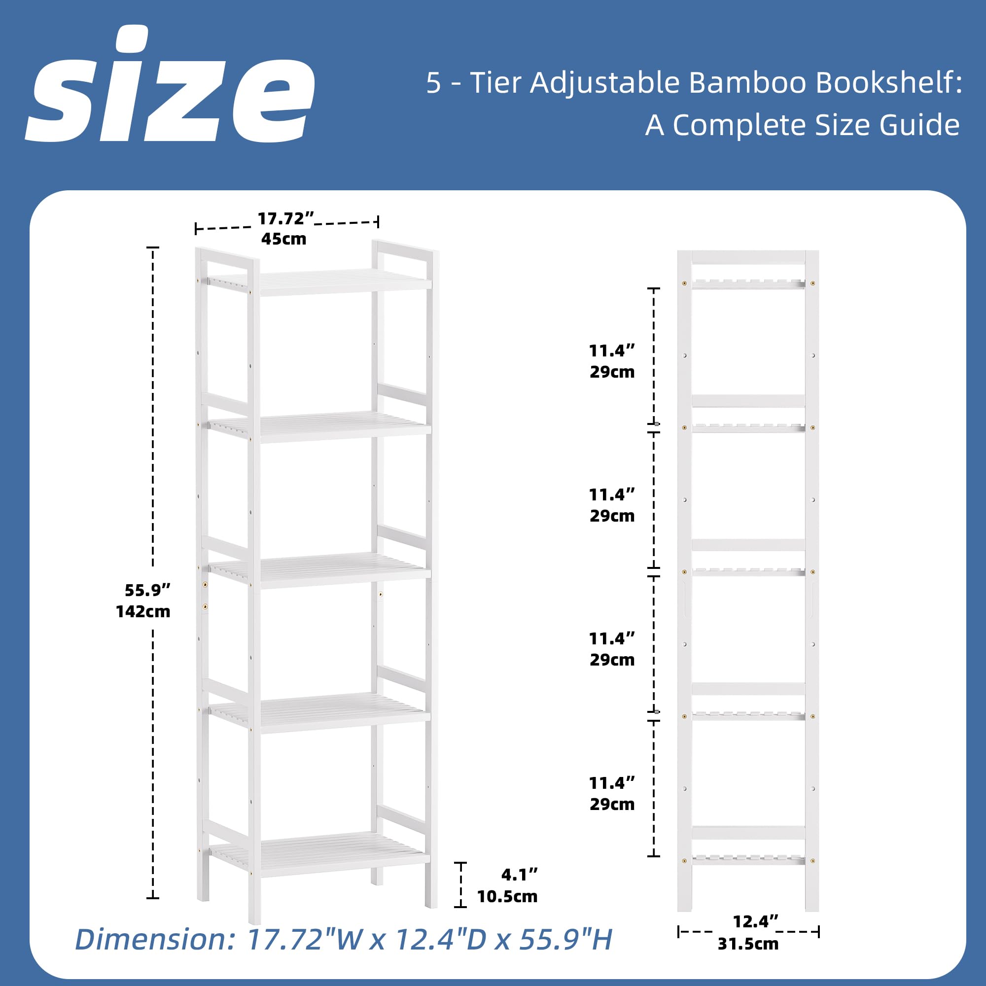 HITNET Etagere 5 Niveaux, Bibliotheque Salle de Bain Rangement Bambou avec Étagères Réglables, Support de Plantes Gain de Place, pour Salon, Balcon, Cuisine, Blanc